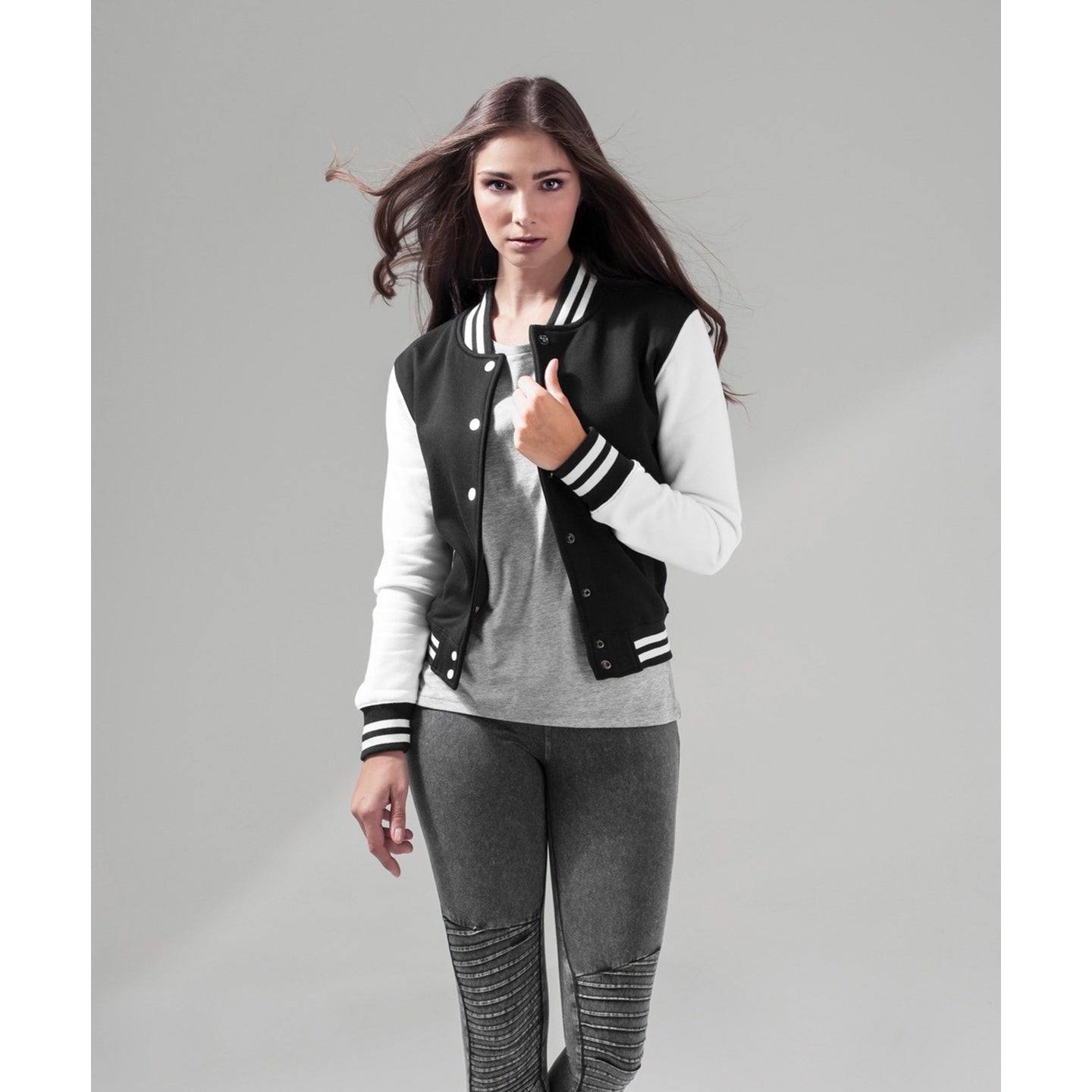 Build Your Brand Women's College Jacket Contrast Cuffs Comfortable Fit