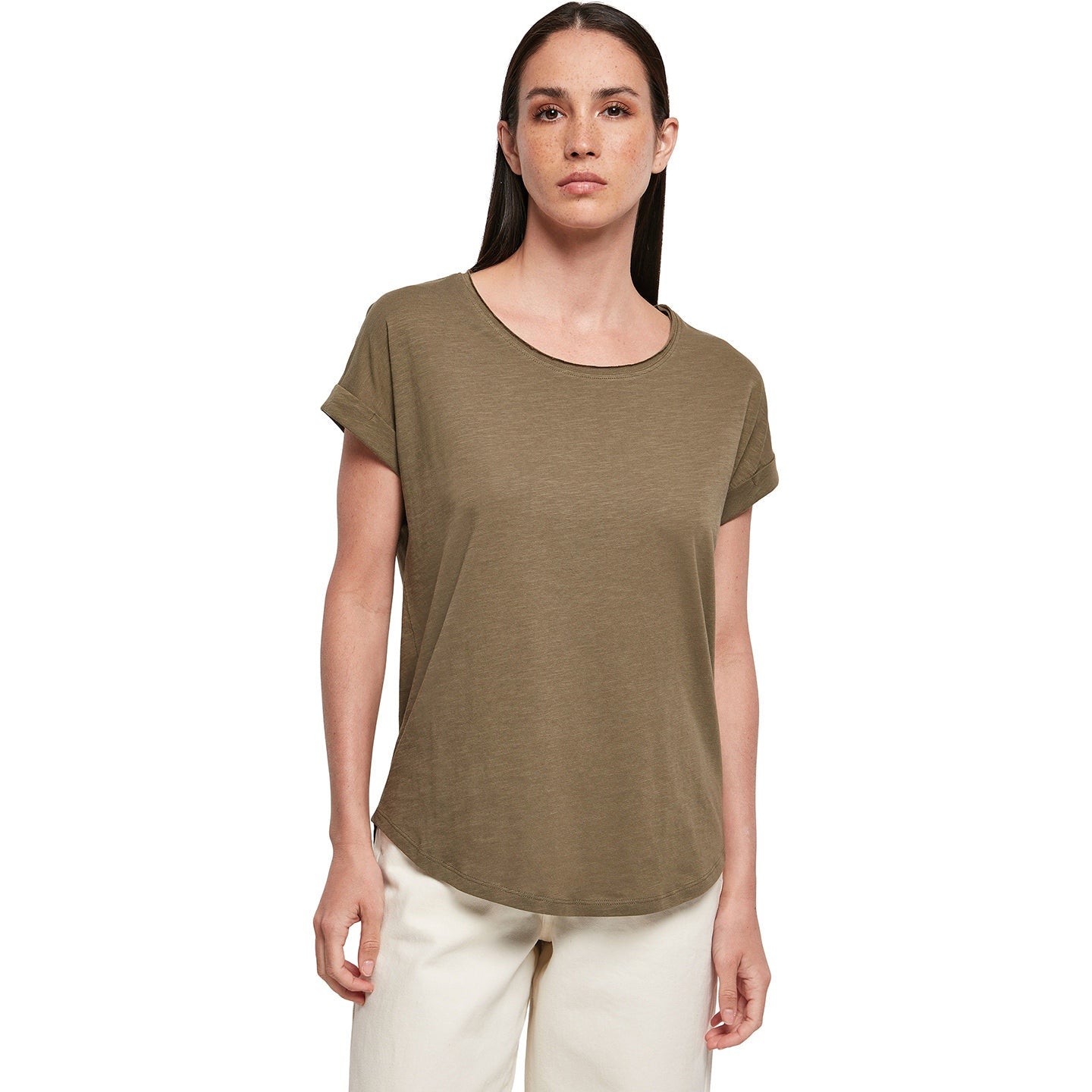 Build Your Brand Women's Long Slub Tee Oversized Sleeves Rounded Hem Cotton