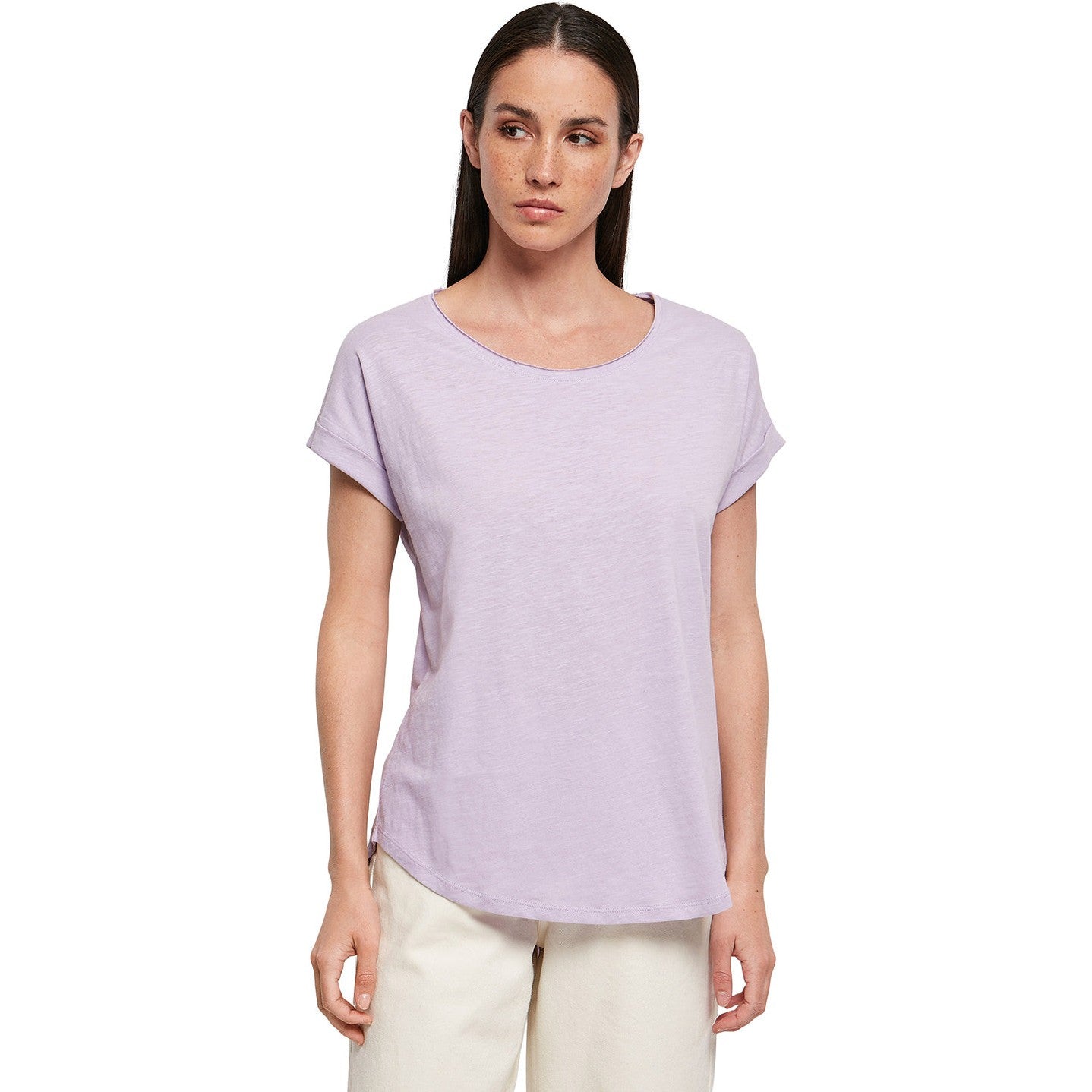 Build Your Brand Women's Long Slub Tee Oversized Sleeves Rounded Hem Cotton