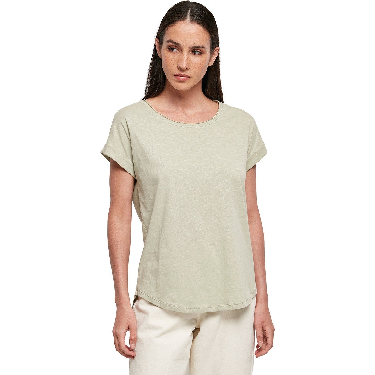 Build Your Brand Women's Long Slub Tee Oversized Sleeves Rounded Hem Cotton