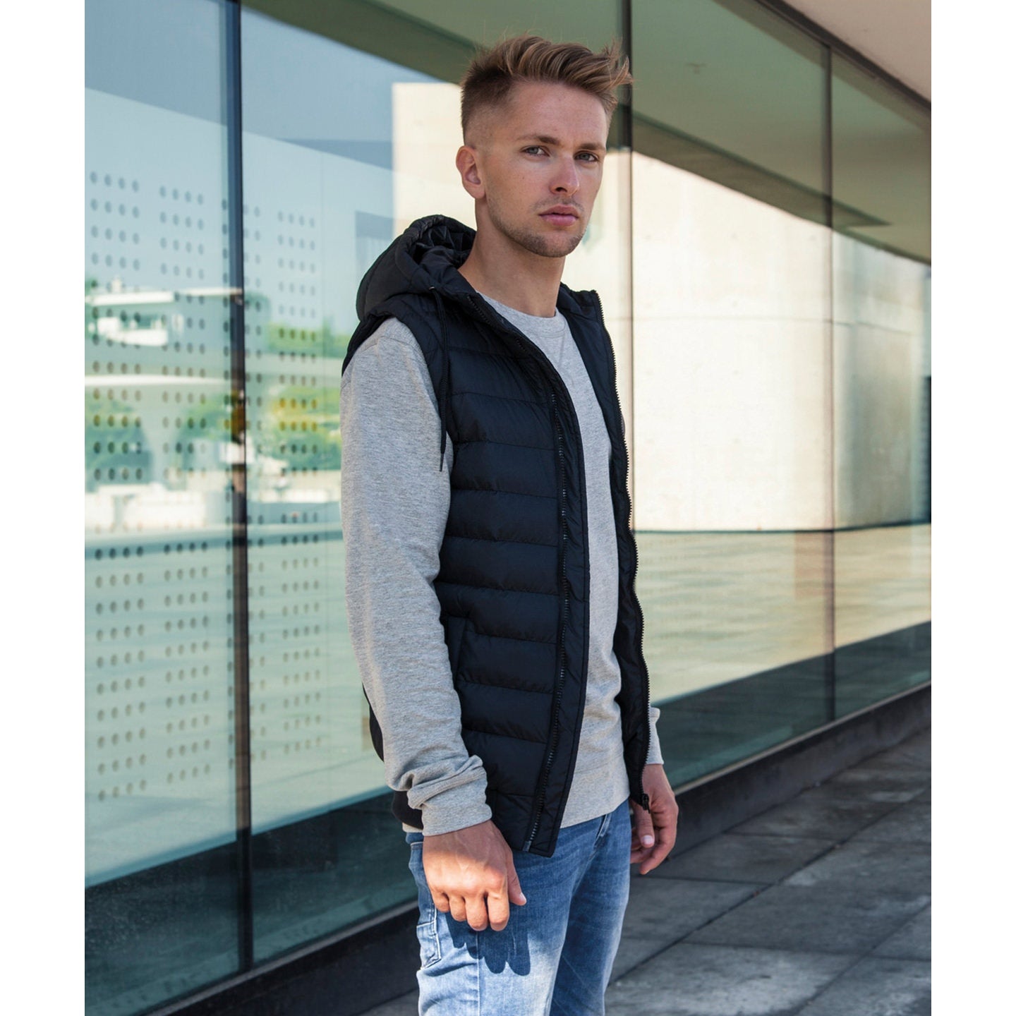 Build Your Brand Bubble Vest Quilted Hooded Lightweight Padded Streetwear