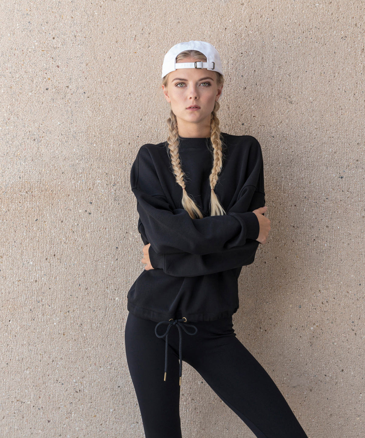 Build Your Brand Women's Oversized Crew Neck Sweatshirt with Drawstring Waist