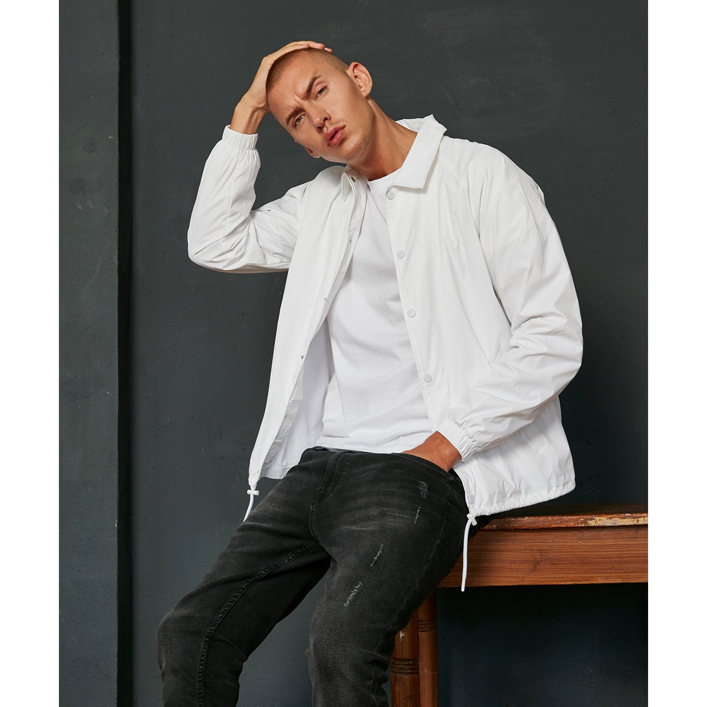 Build Your Brand Coach Jacket Nylon Streetwear with Pockets and Drawstring