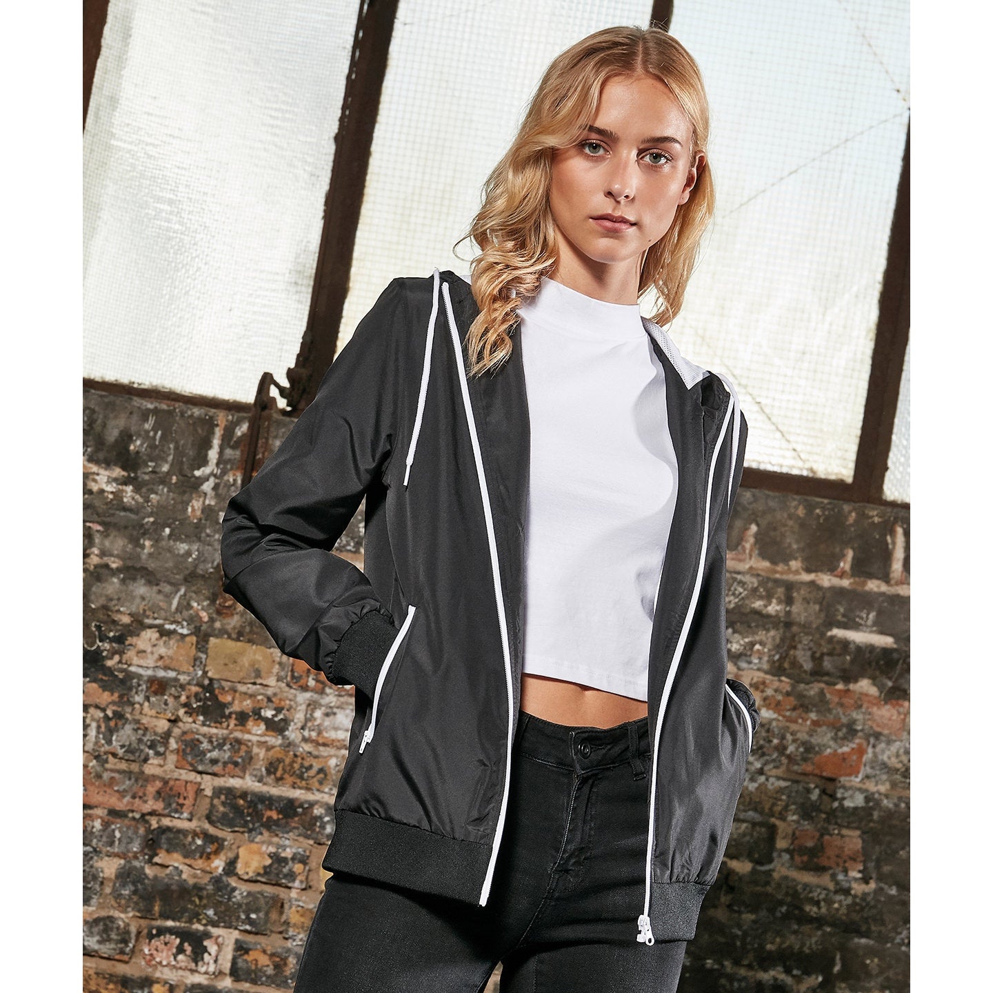 Build Your Brand Women's Recycled Windrunner Jacket Lightweight Casual Hooded