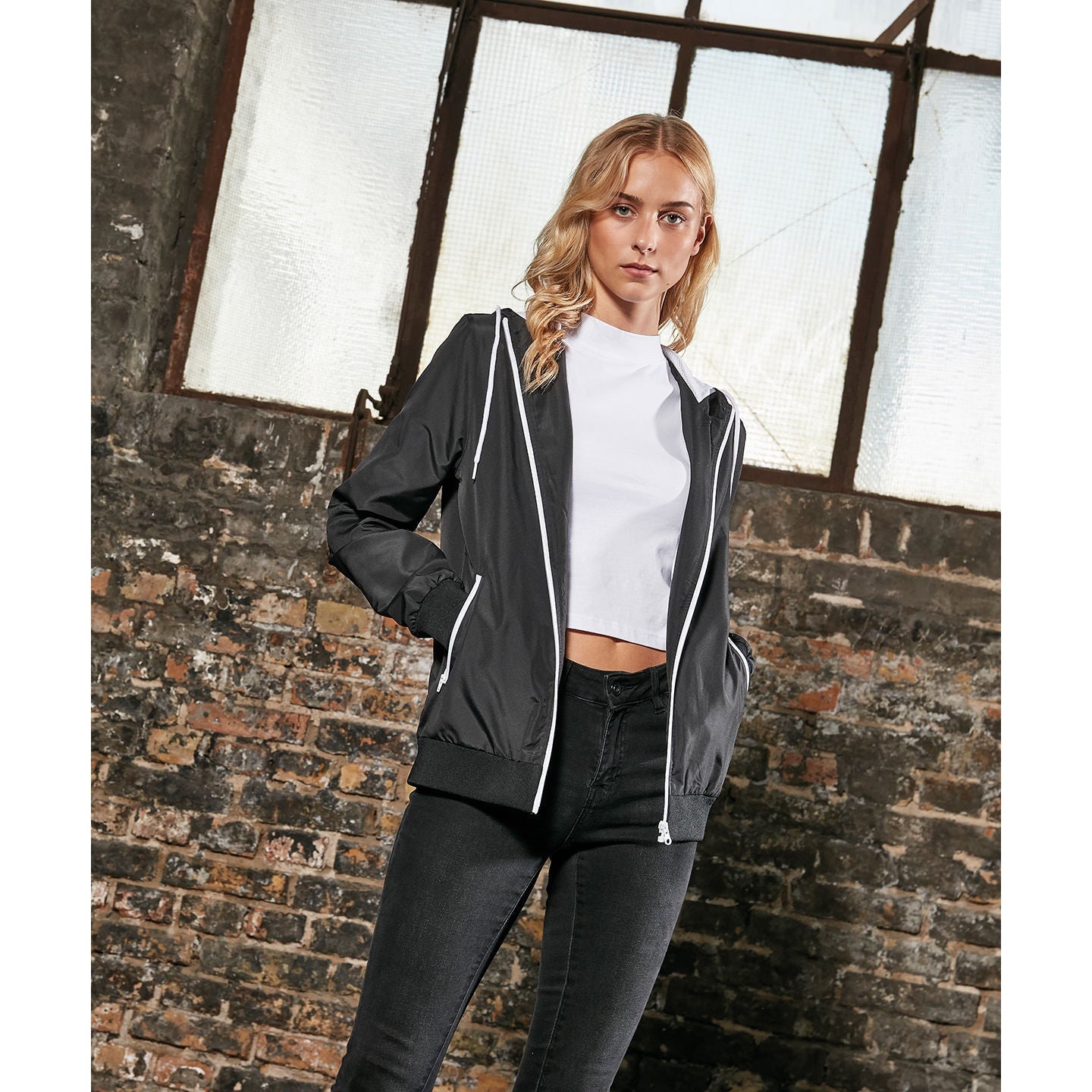 Build Your Brand Women's Recycled Windrunner Jacket Lightweight Casual Hooded