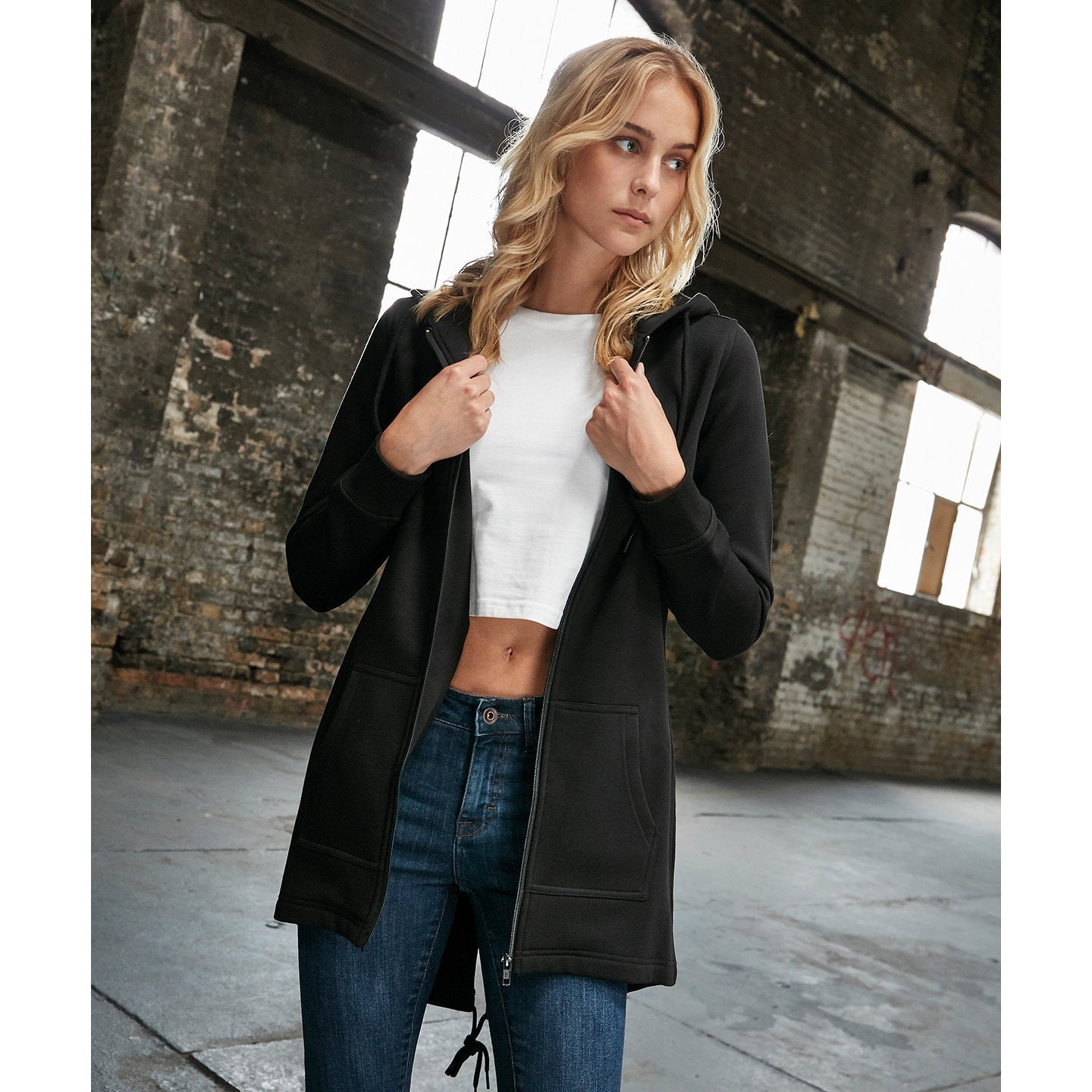 Build Your Brand Women's Sweat Parka Hooded Zip Hoody with Custom Back Cut-Out