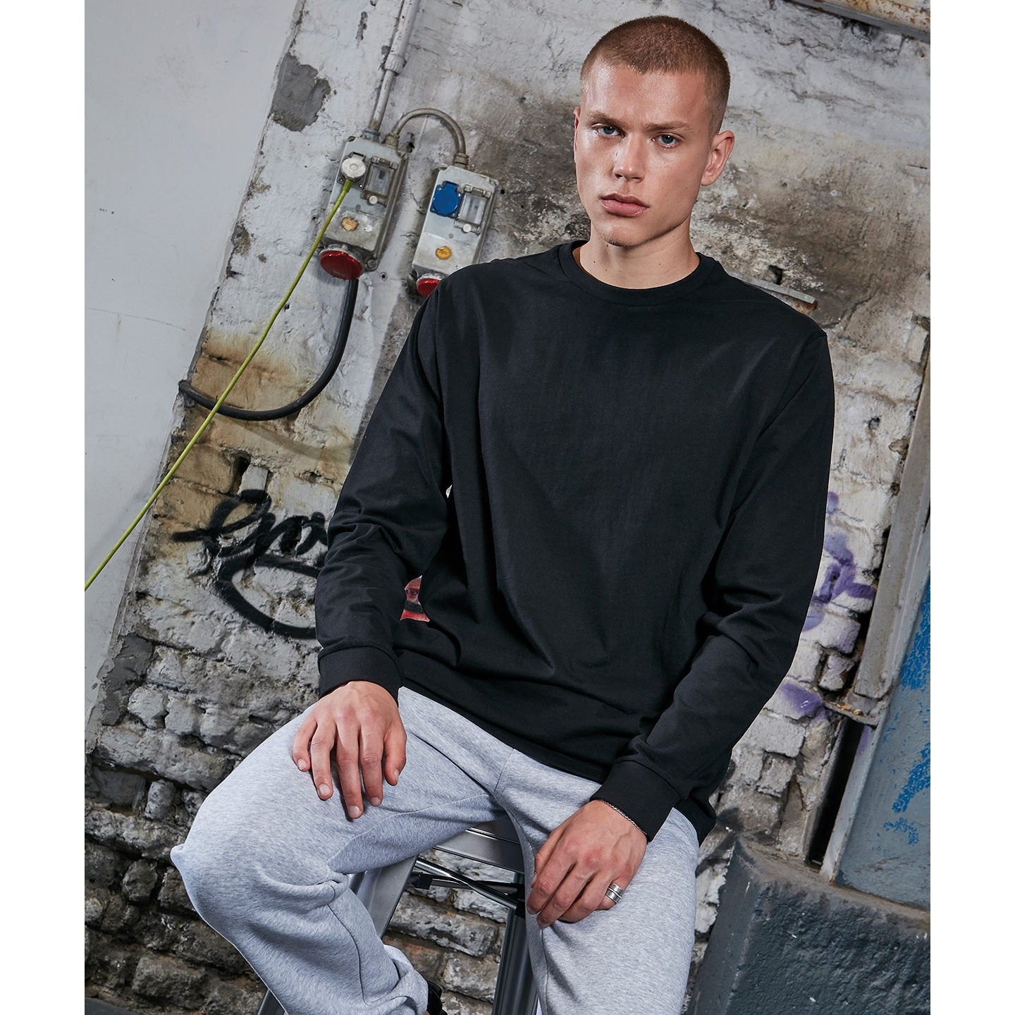 Build Your Brand Organic Long Sleeve T-Shirt with Ribbed Cuffs for Men