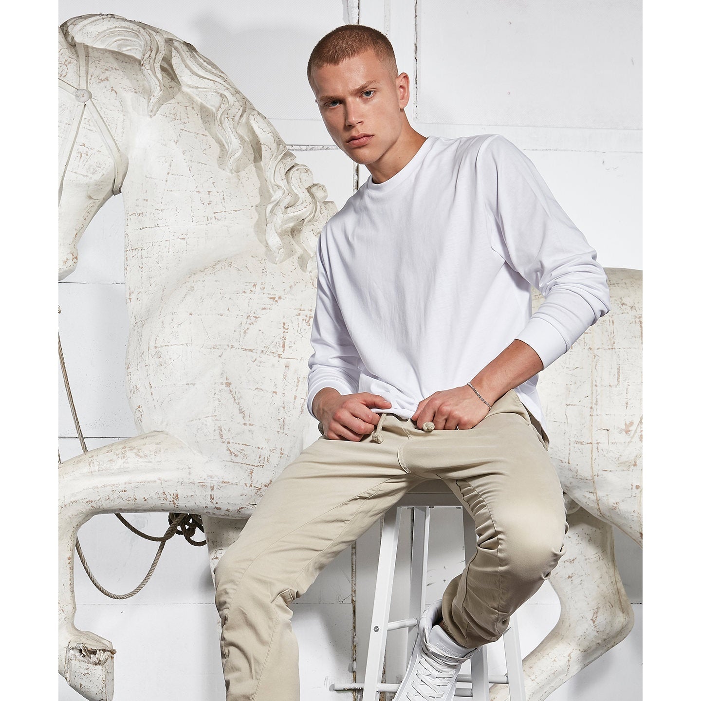 Build Your Brand Organic Long Sleeve T-Shirt with Ribbed Cuffs for Men