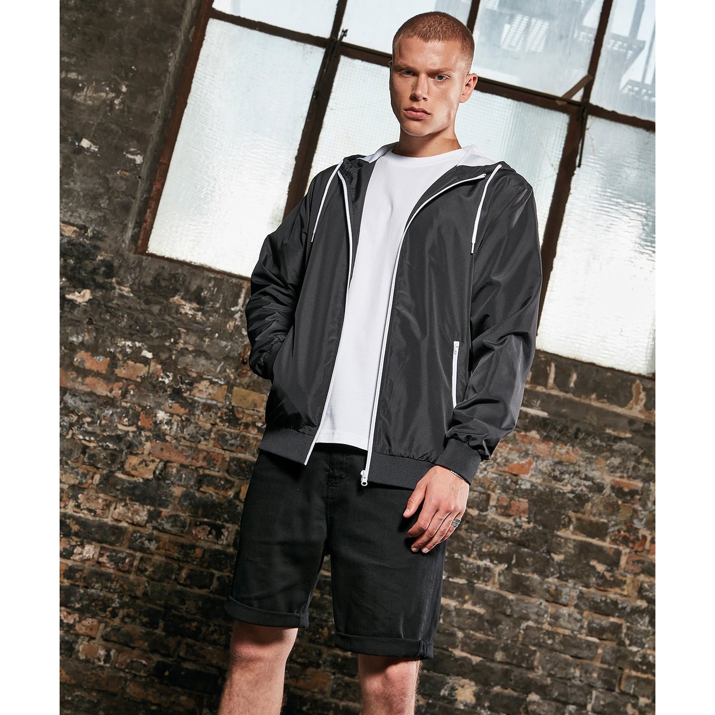 Build Your Brand Recycled Windrunner Jacket Lightweight Hooded Casual Fit