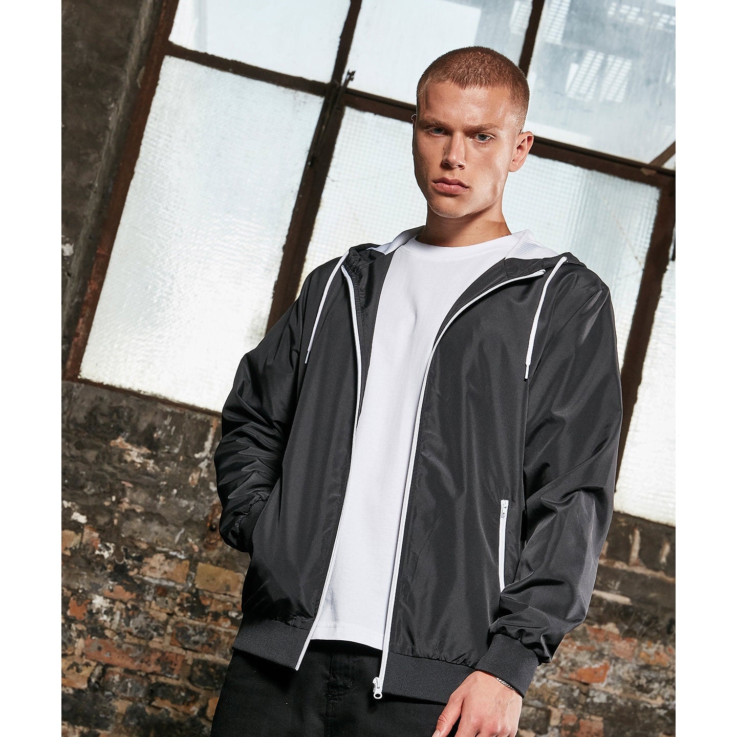 Build Your Brand Recycled Windrunner Jacket Lightweight Hooded Casual Fit