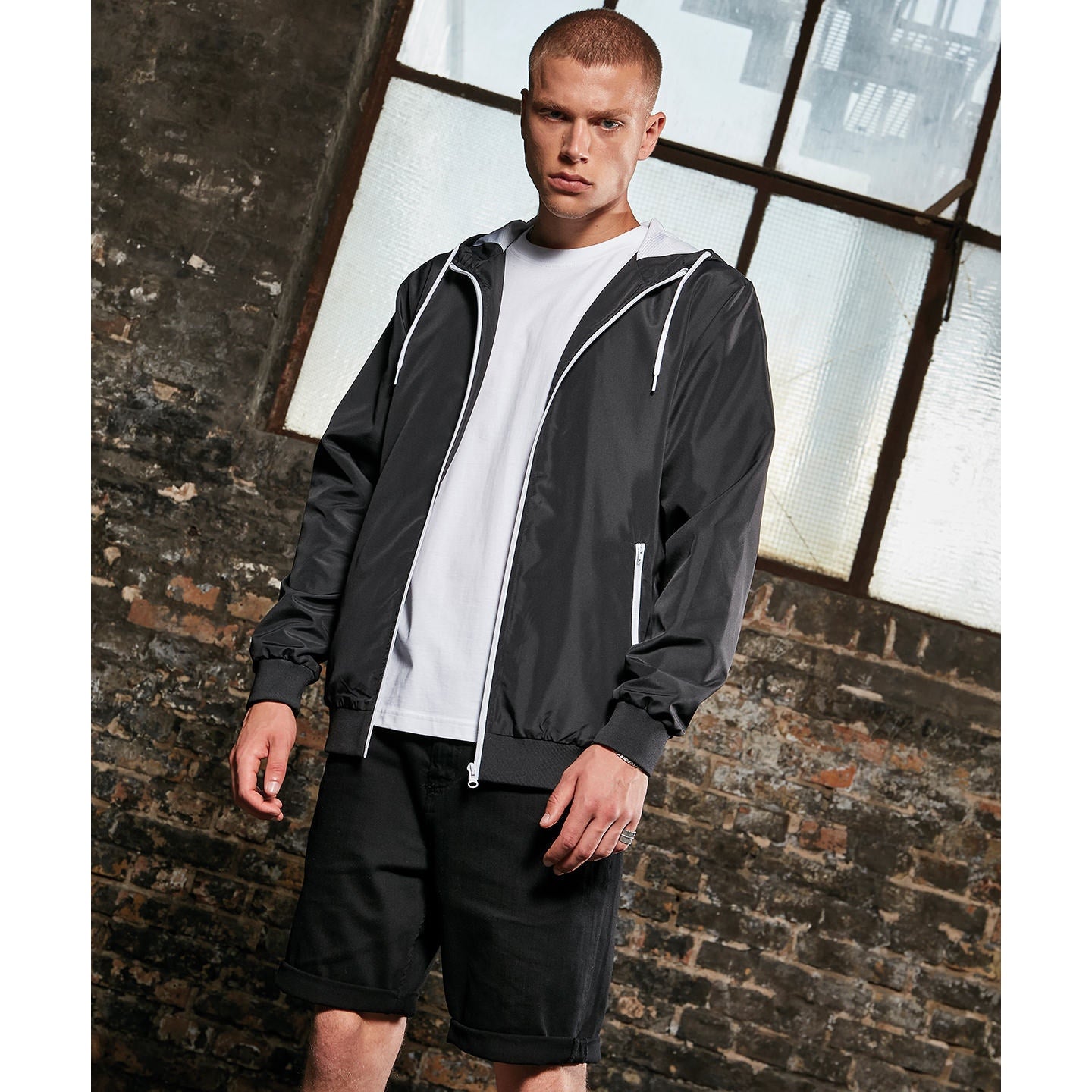 Build Your Brand Recycled Windrunner Jacket Lightweight Hooded Casual Fit