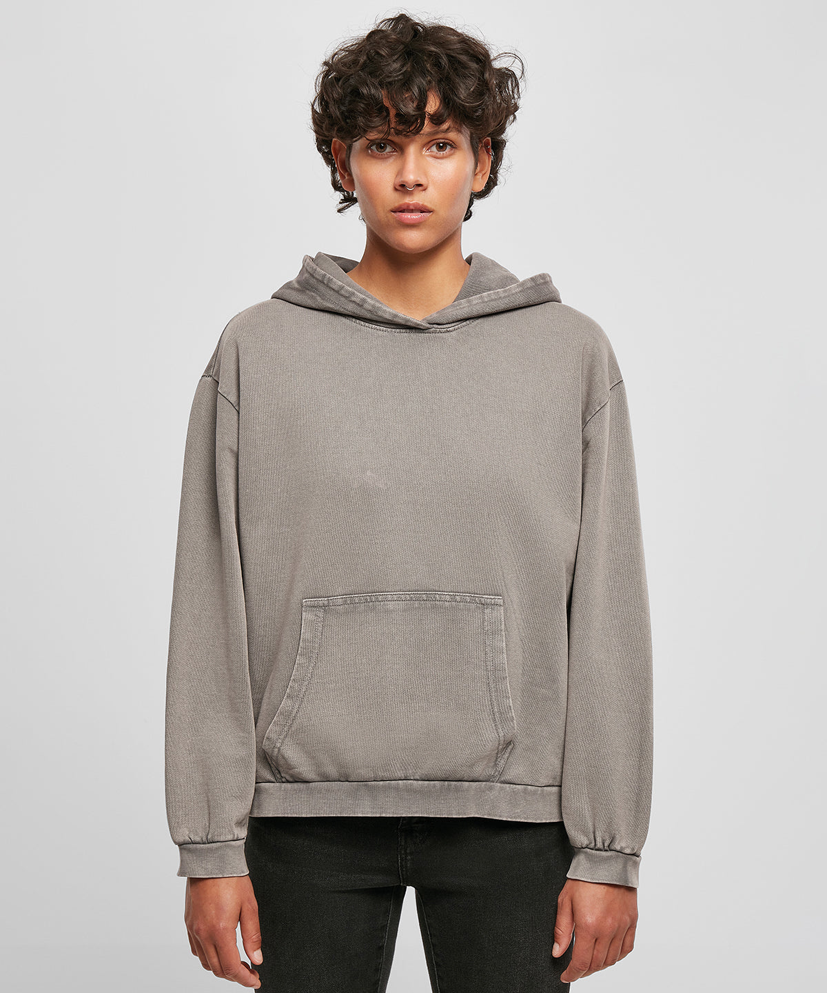 Build Your Brand Women's Acid Washed Oversized Hoodie with Kangaroo Pocket