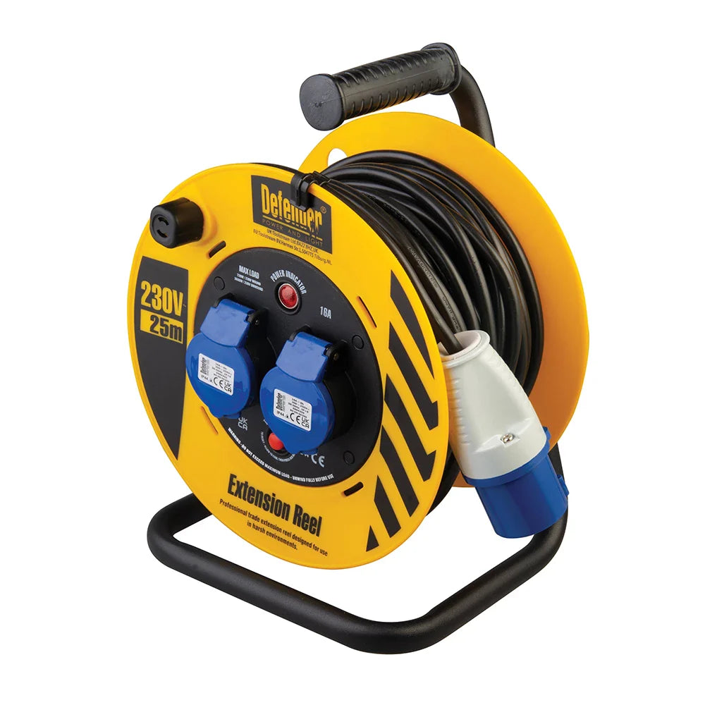 Defender 25m Industrial Cable Reel 230V 16A with Thermal Overload Protection