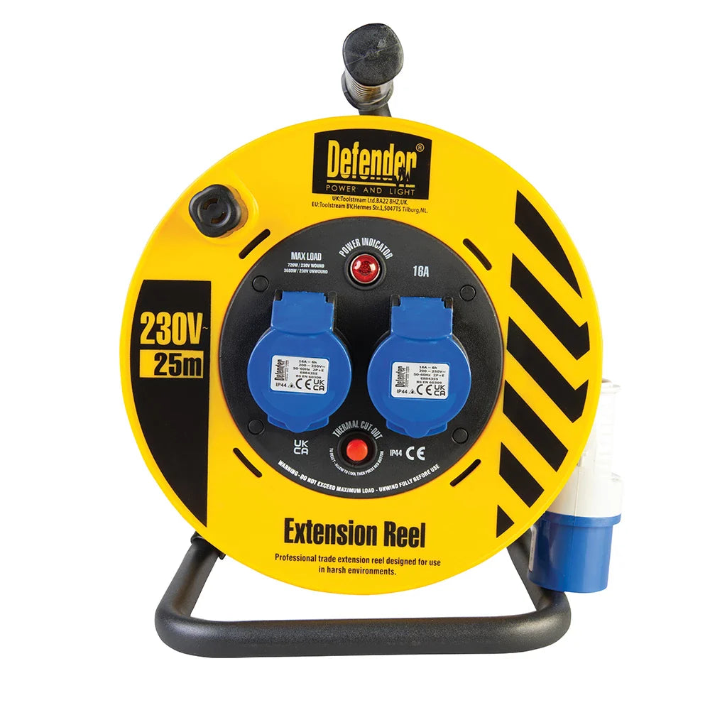 Defender 25m Industrial Cable Reel 230V 16A with Thermal Overload Protection