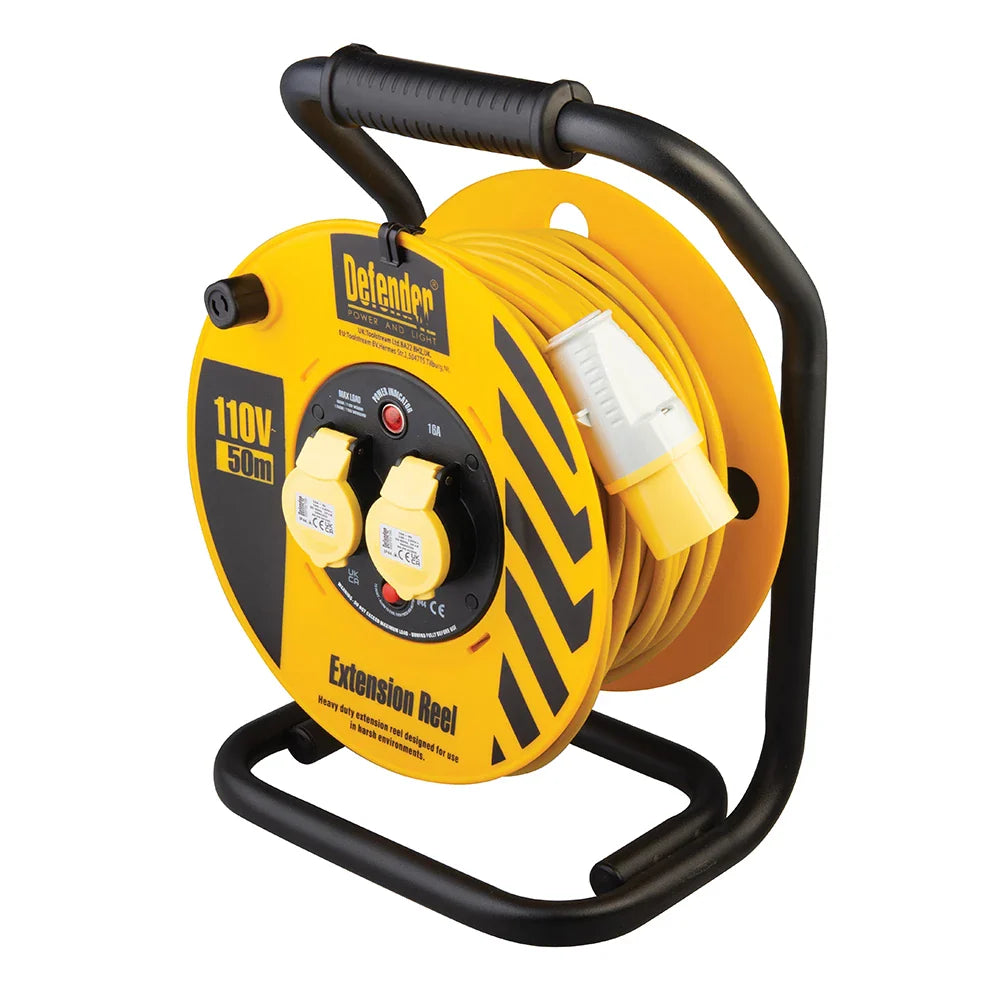 Defender 50m Industrial Cable Reel 16A 2-Way with Thermal Overload Protection