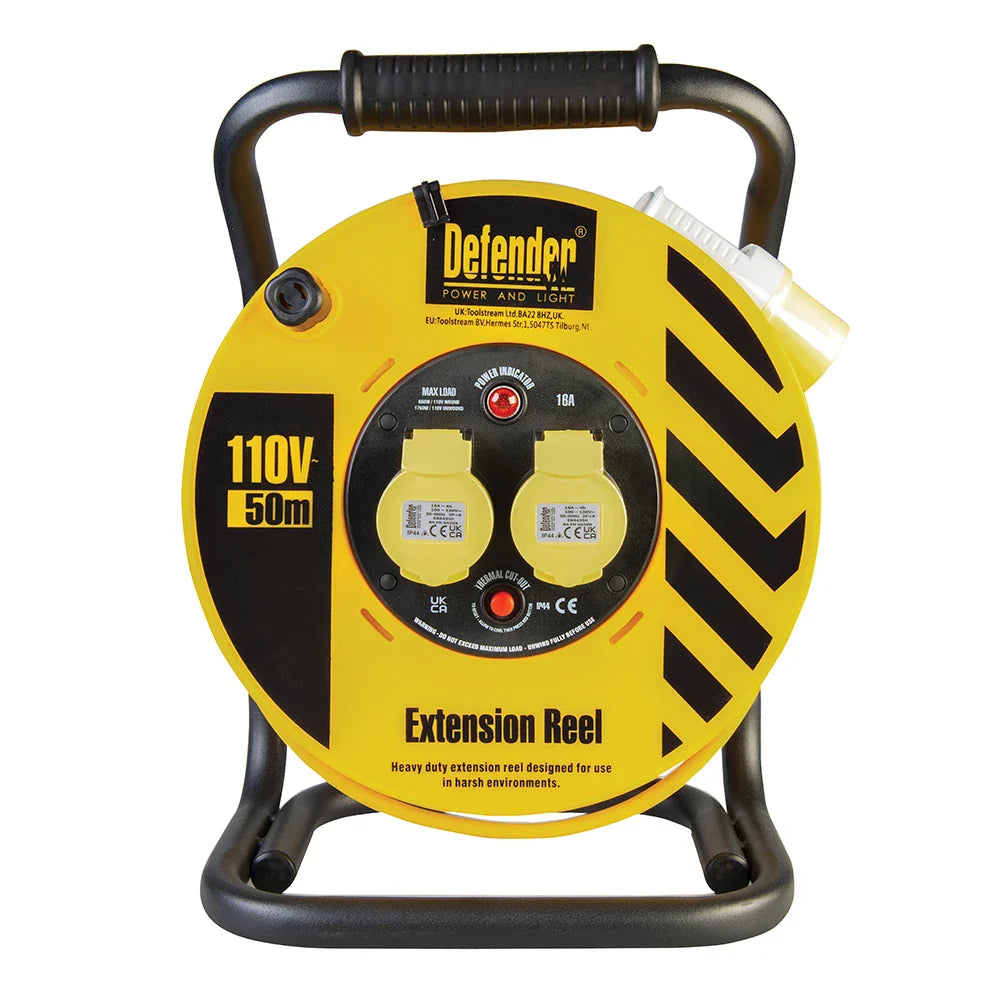 Defender 50m Industrial Cable Reel 16A 2-Way with Thermal Overload Protection