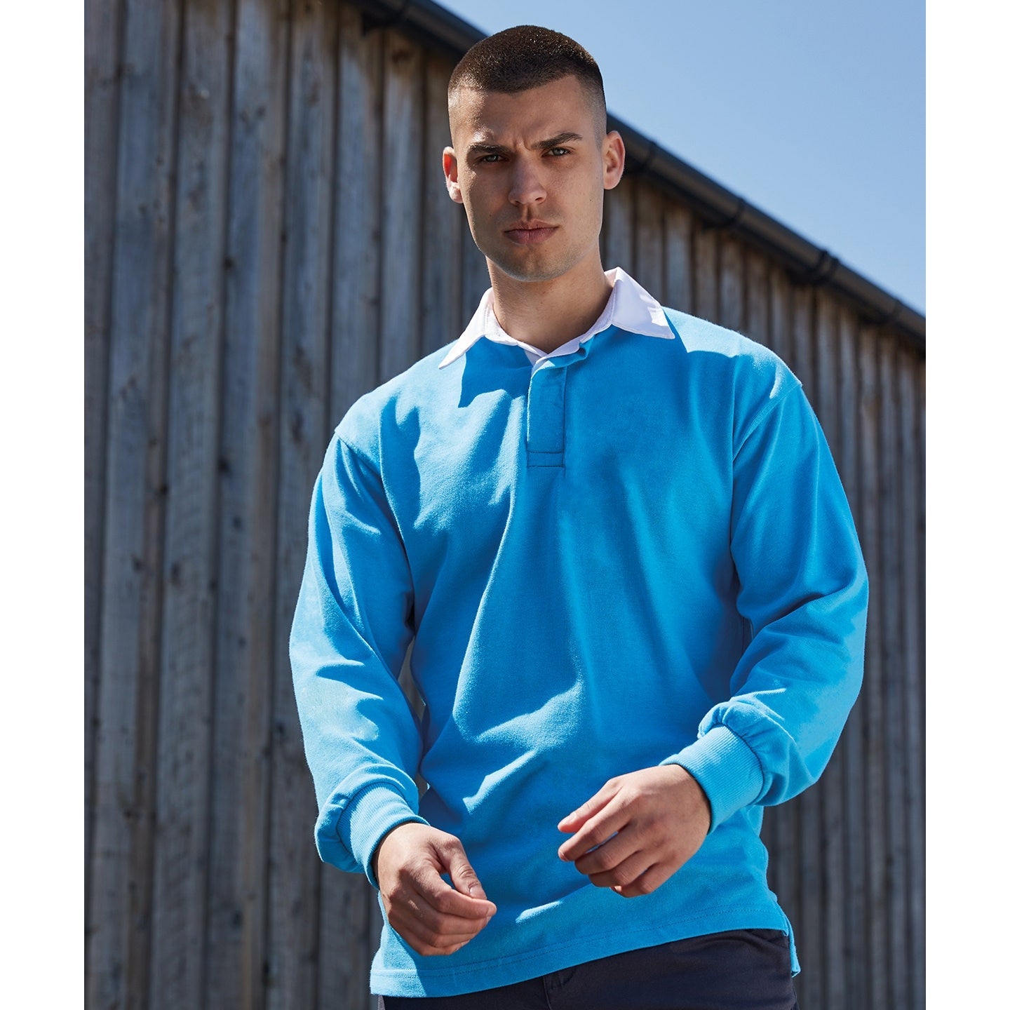 Front Row Long Sleeve Rugby Shirt 100% Cotton Woven Collar Customizable Logo