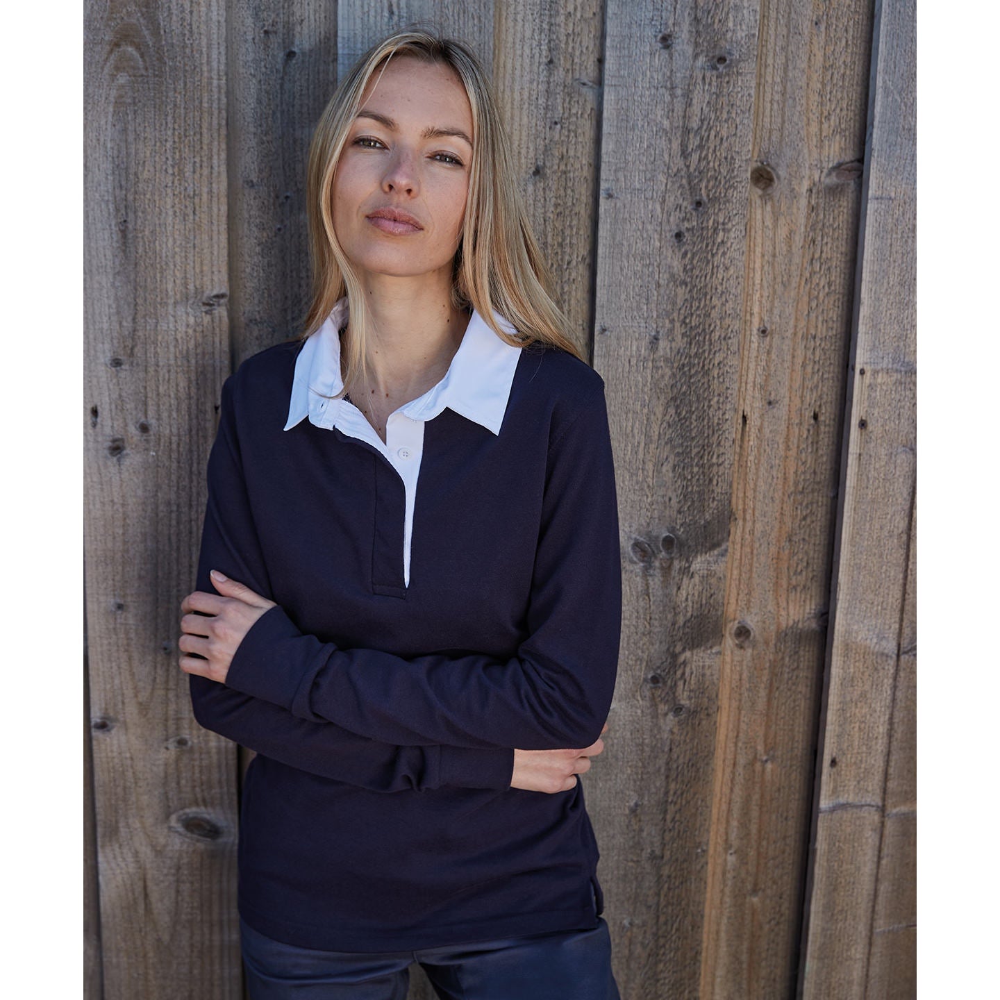 Front Row Women's Long Sleeve Rugby Shirt 100% Cotton Woven Collar Slim Fit