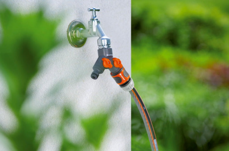Gardena Twin Tap Connector for 2 Hoses with Flow Control - 5 Year Warranty