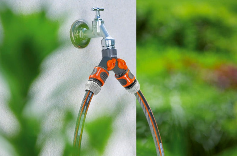 Gardena Twin Tap Connector for 2 Hoses with Flow Control - 5 Year Warranty
