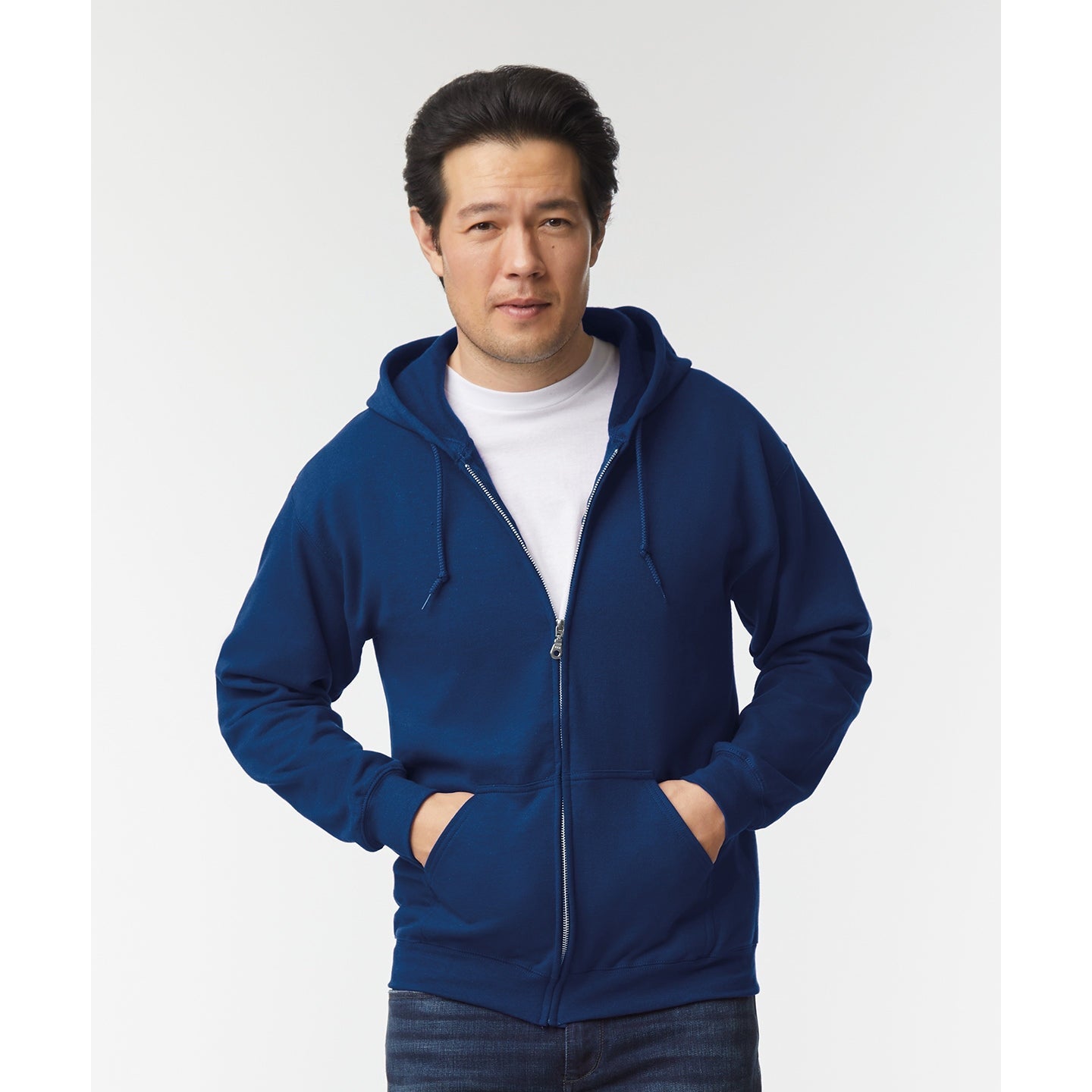 Gildan Heavy Blend Full Zip Hooded Sweatshirt Navy Pouch Pockets Unlined Hood