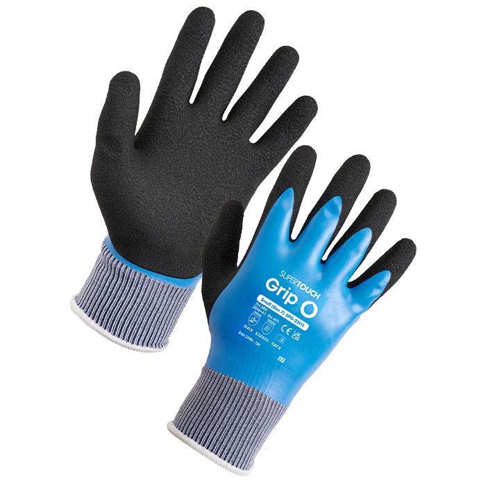 Grip2-O Water Resistant Gloves Blue/Black Latex Coating Excellent Grip 1 Pair