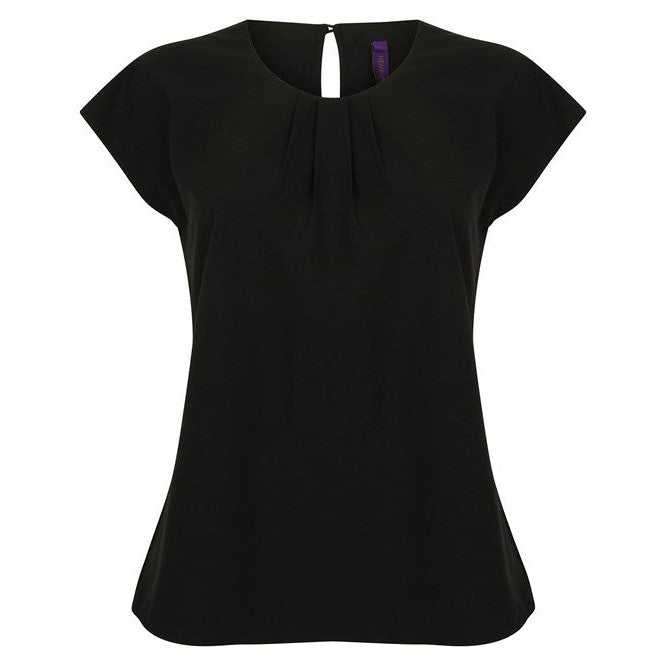 Henbury Women's Pleat Front Blouse Short Sleeve Keyhole Back Cool Comfort