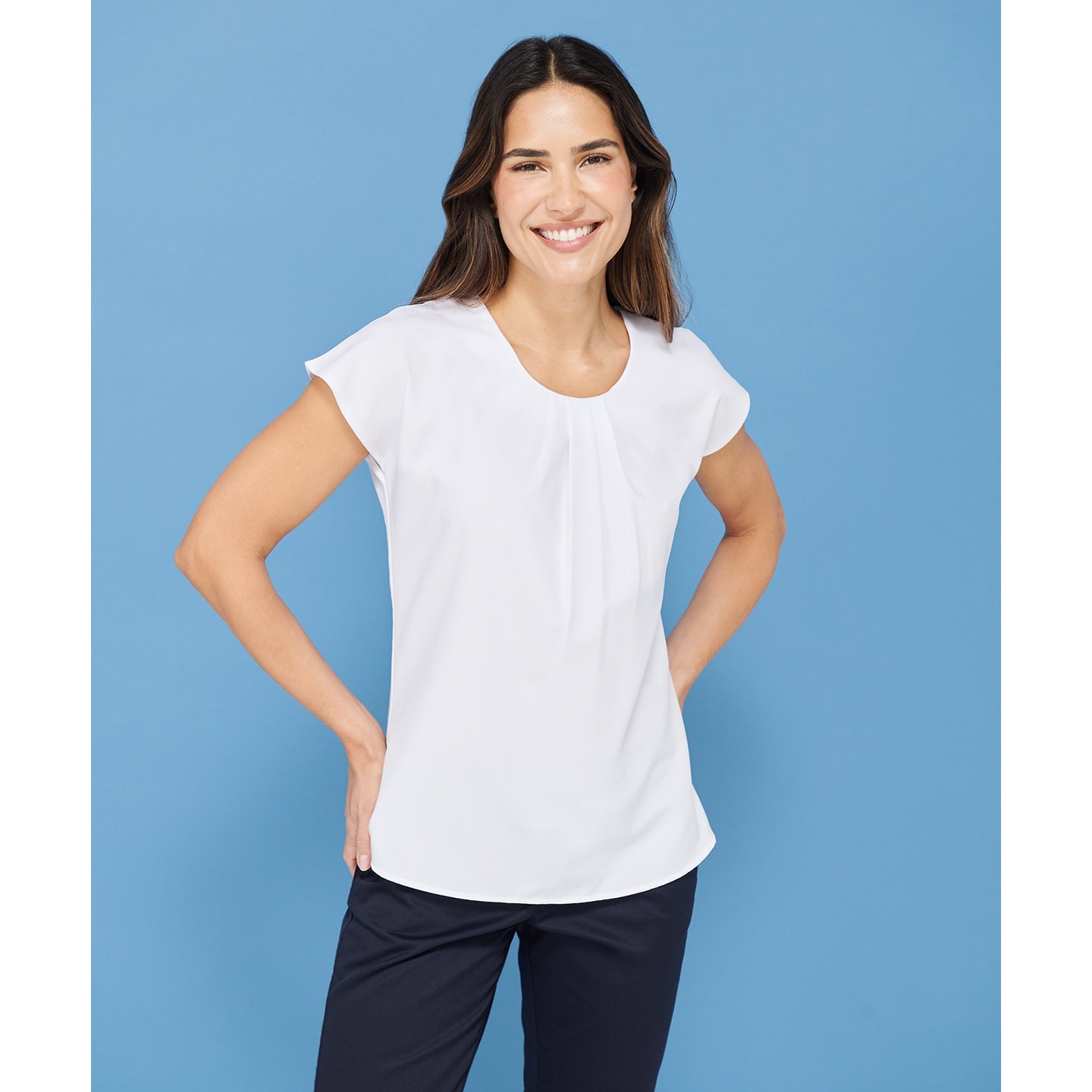 Henbury Women's Pleat Front Blouse Short Sleeve Keyhole Back Cool Comfort