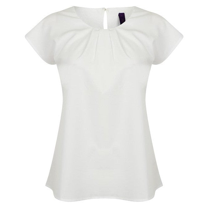 Henbury Women's Pleat Front Blouse Short Sleeve Keyhole Back Cool Comfort