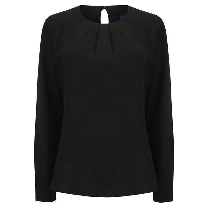 Henbury Women's Pleat Front Long Sleeve Blouse Keyhole Back Cool Comfort