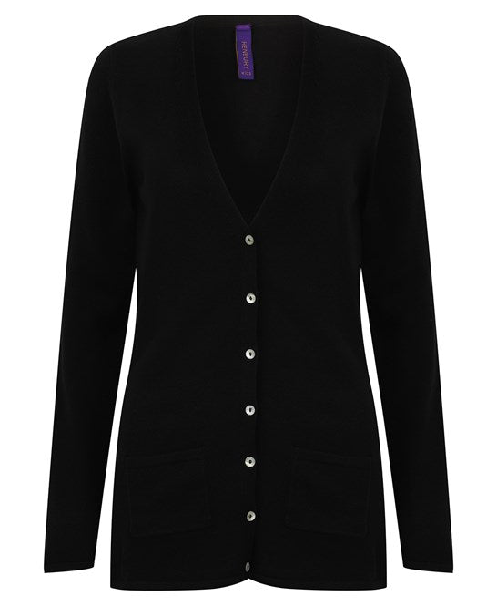 Henbury Women's V-Button Cardigan Fine Knit with Pearlized Buttons and Pockets