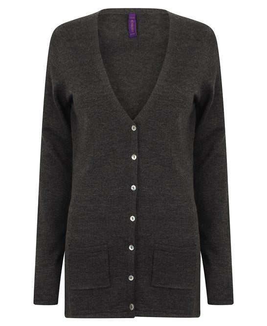 Henbury Women's V-Button Cardigan Fine Knit with Pearlized Buttons and Pockets