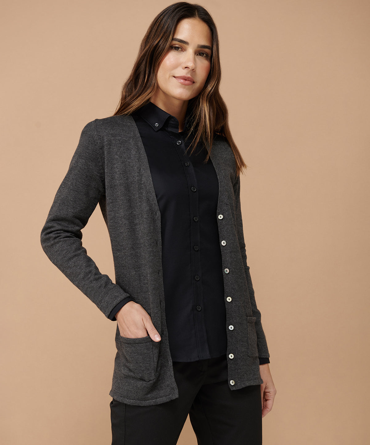 Henbury Women's V-Button Cardigan Fine Knit with Pearlized Buttons and Pockets