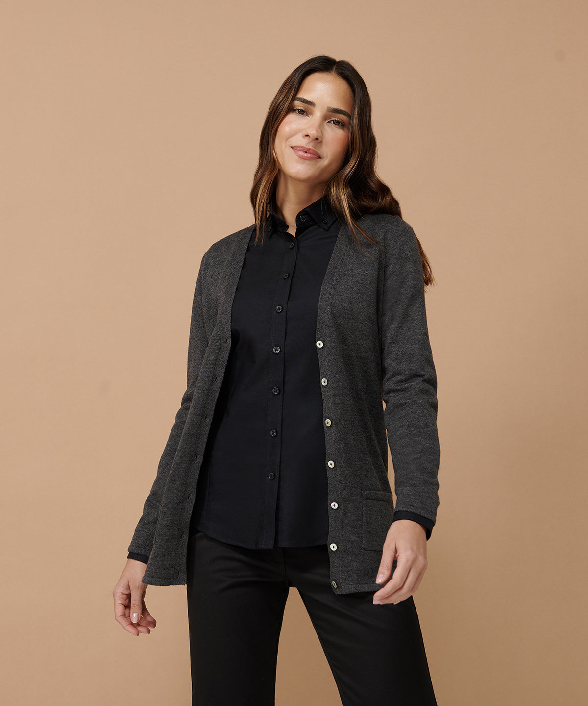 Henbury Women's V-Button Cardigan Fine Knit with Pearlized Buttons and Pockets