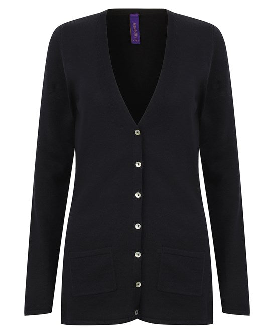 Henbury Women's V-Button Cardigan Fine Knit with Pearlized Buttons and Pockets
