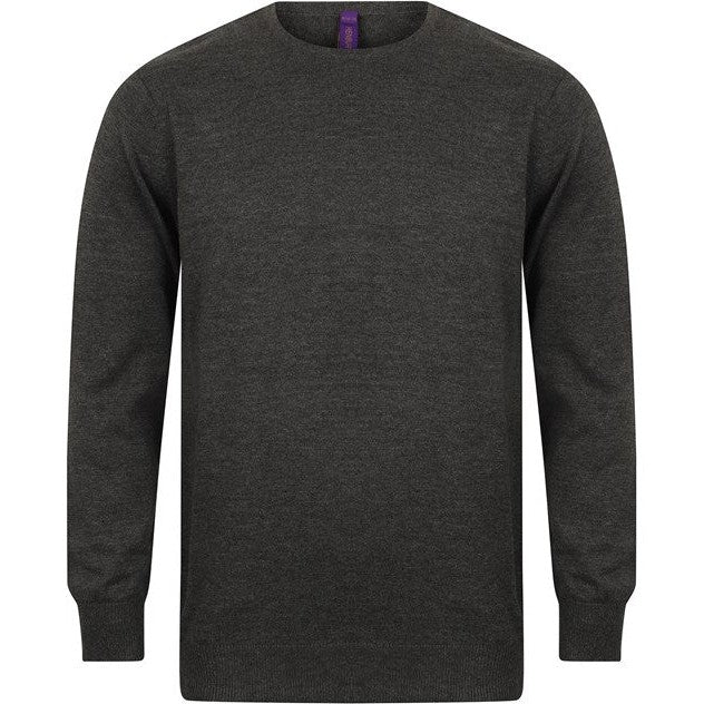 Henbury Crew Neck Jumper 50% Cotton 50% Acrylic Fine Knit Ribbed Hem Sizes S-4XL