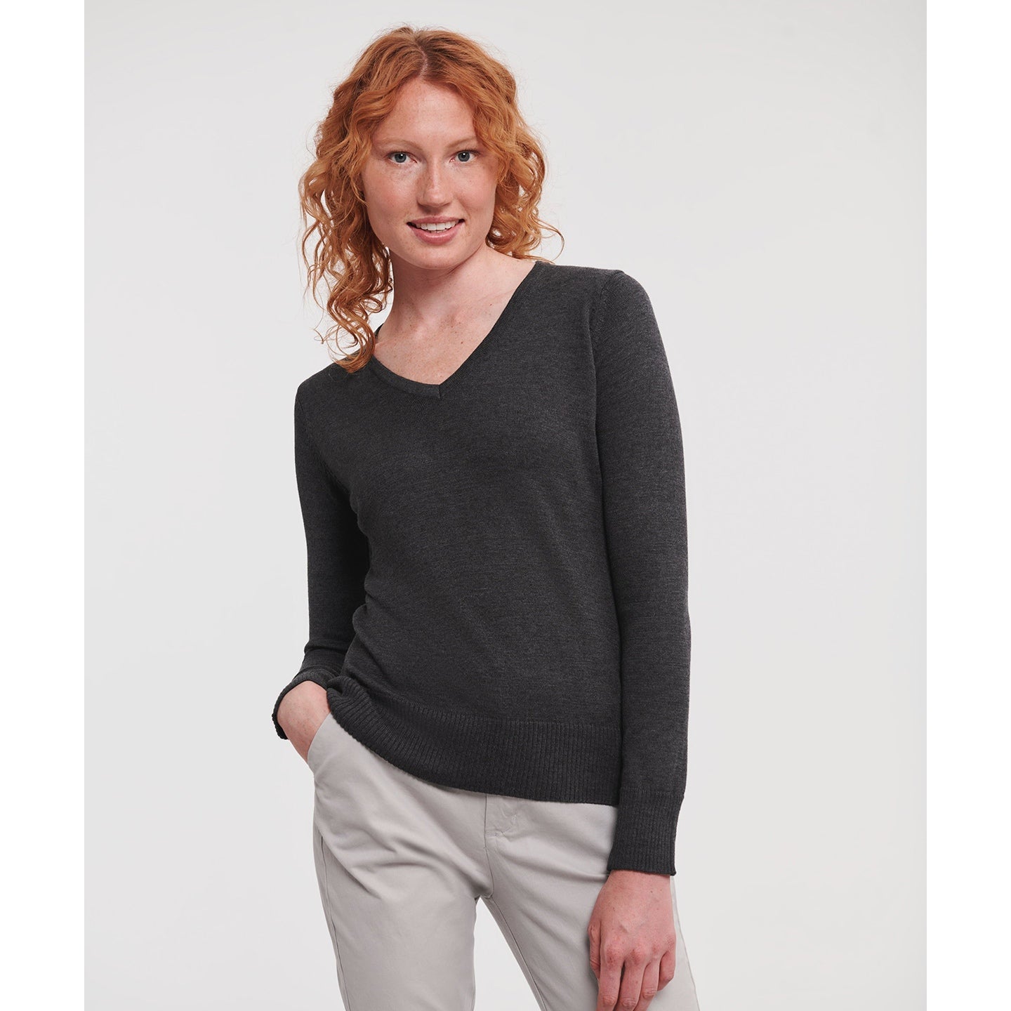 Russell Collection Women's V-Neck Knitted Sweater Easy-Care Cotton Blend