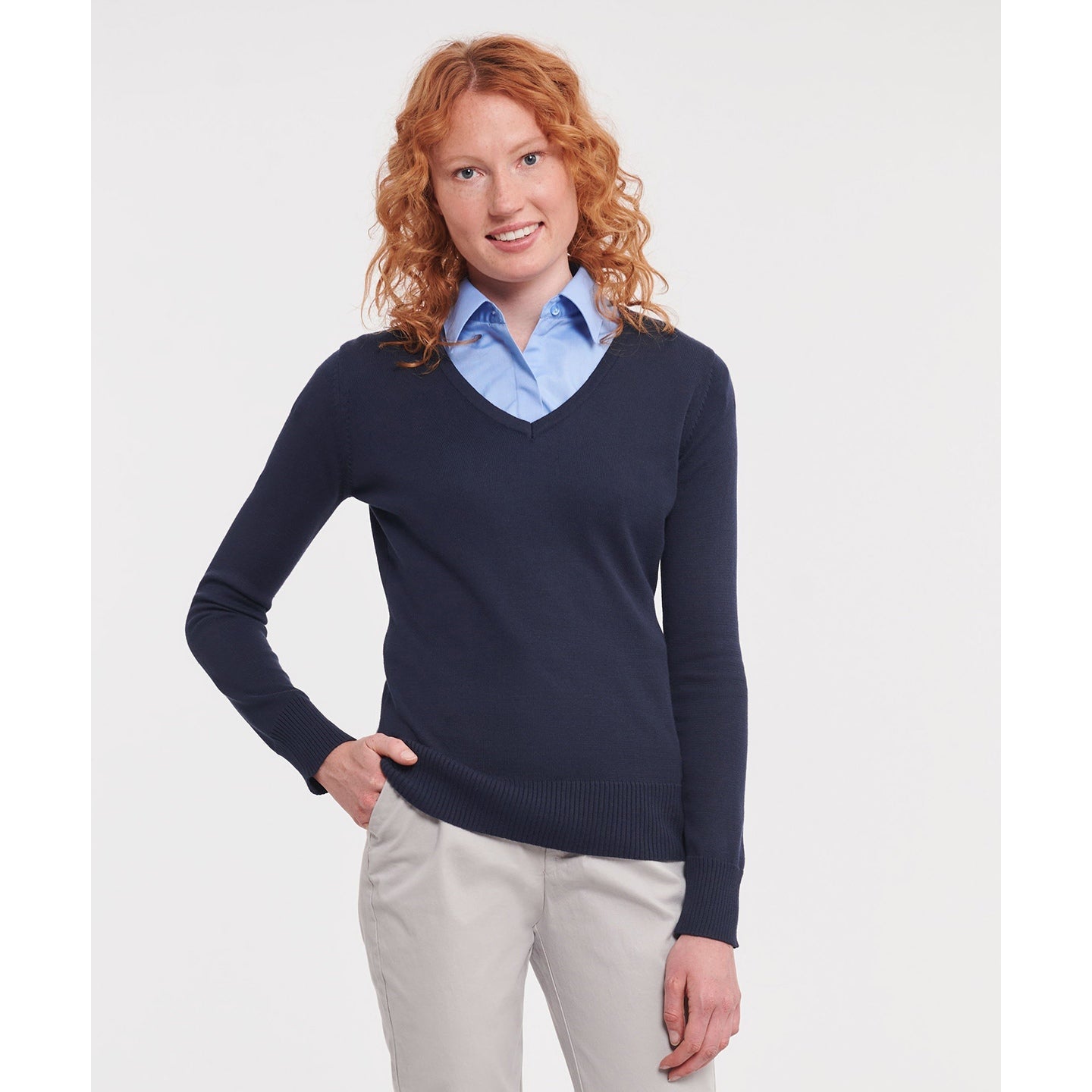Russell Collection Women's V-Neck Knitted Sweater Easy-Care Cotton Blend