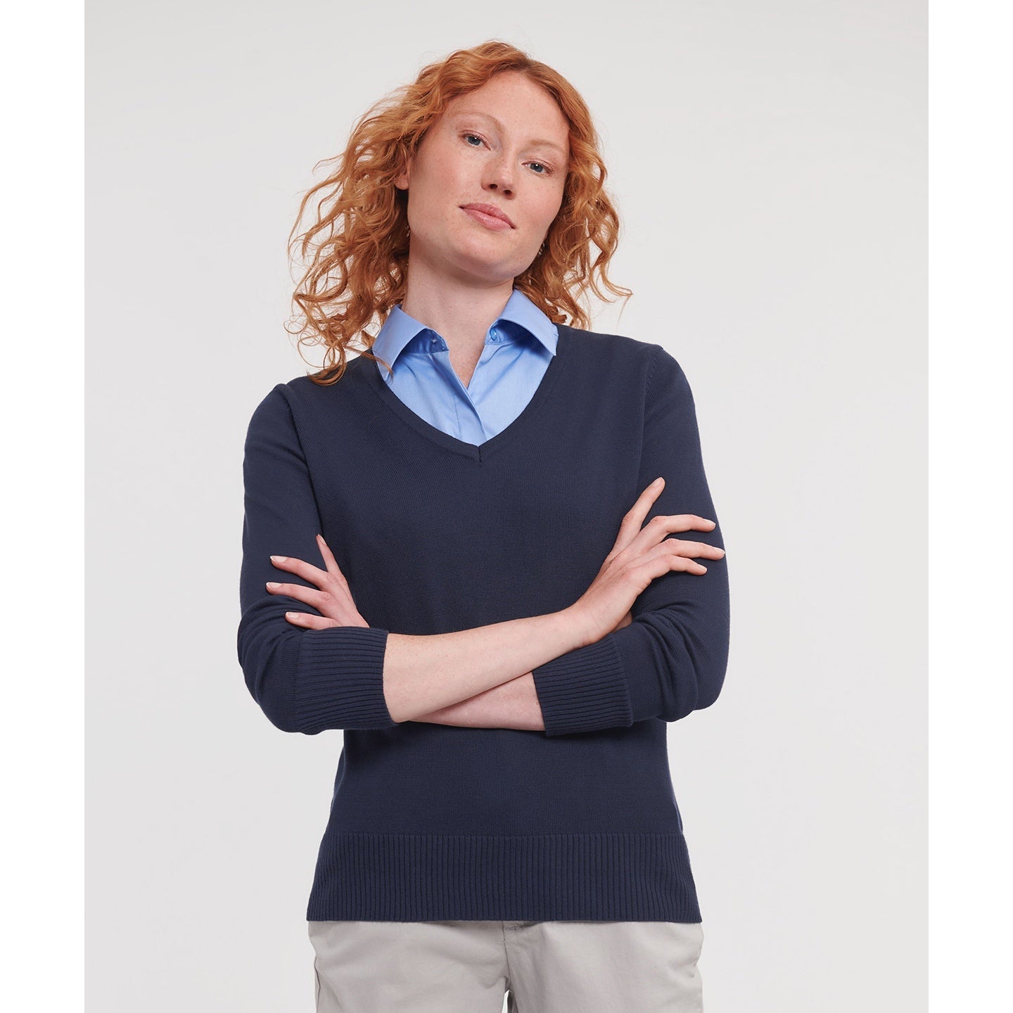 Russell Collection Women's V-Neck Knitted Sweater Easy-Care Cotton Blend