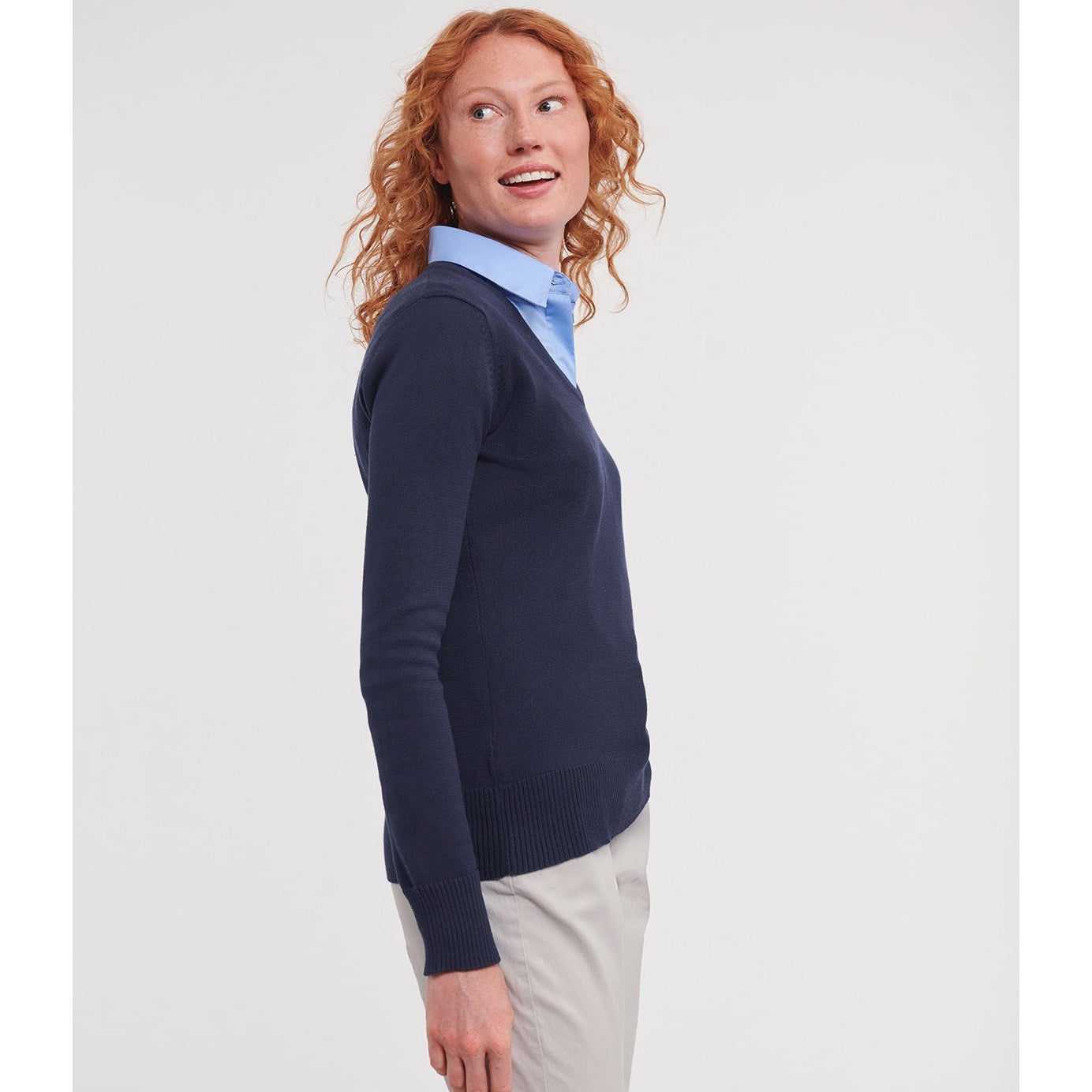 Russell Collection Women's V-Neck Knitted Sweater Easy-Care Cotton Blend