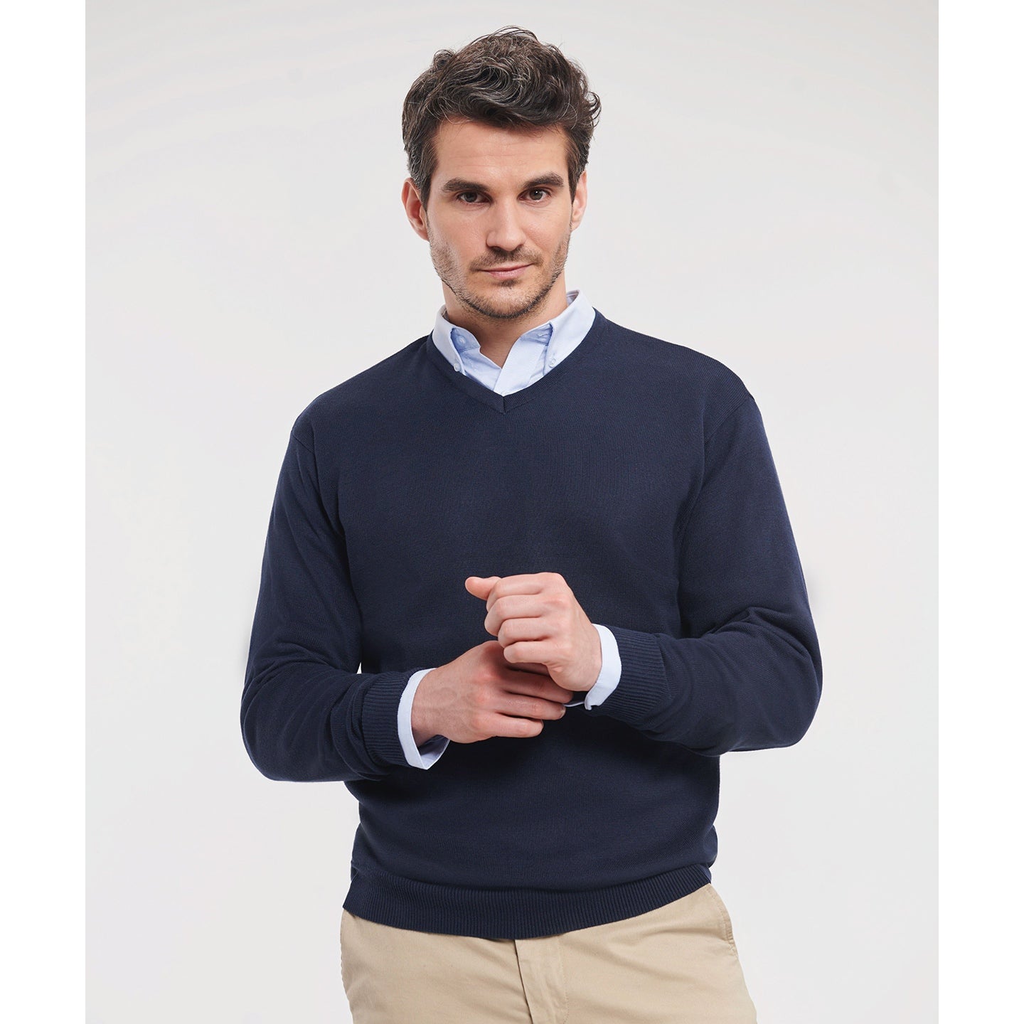 Russell Collection V-Neck Knitted Sweater Easy-Care Cotton Blend Various Sizes