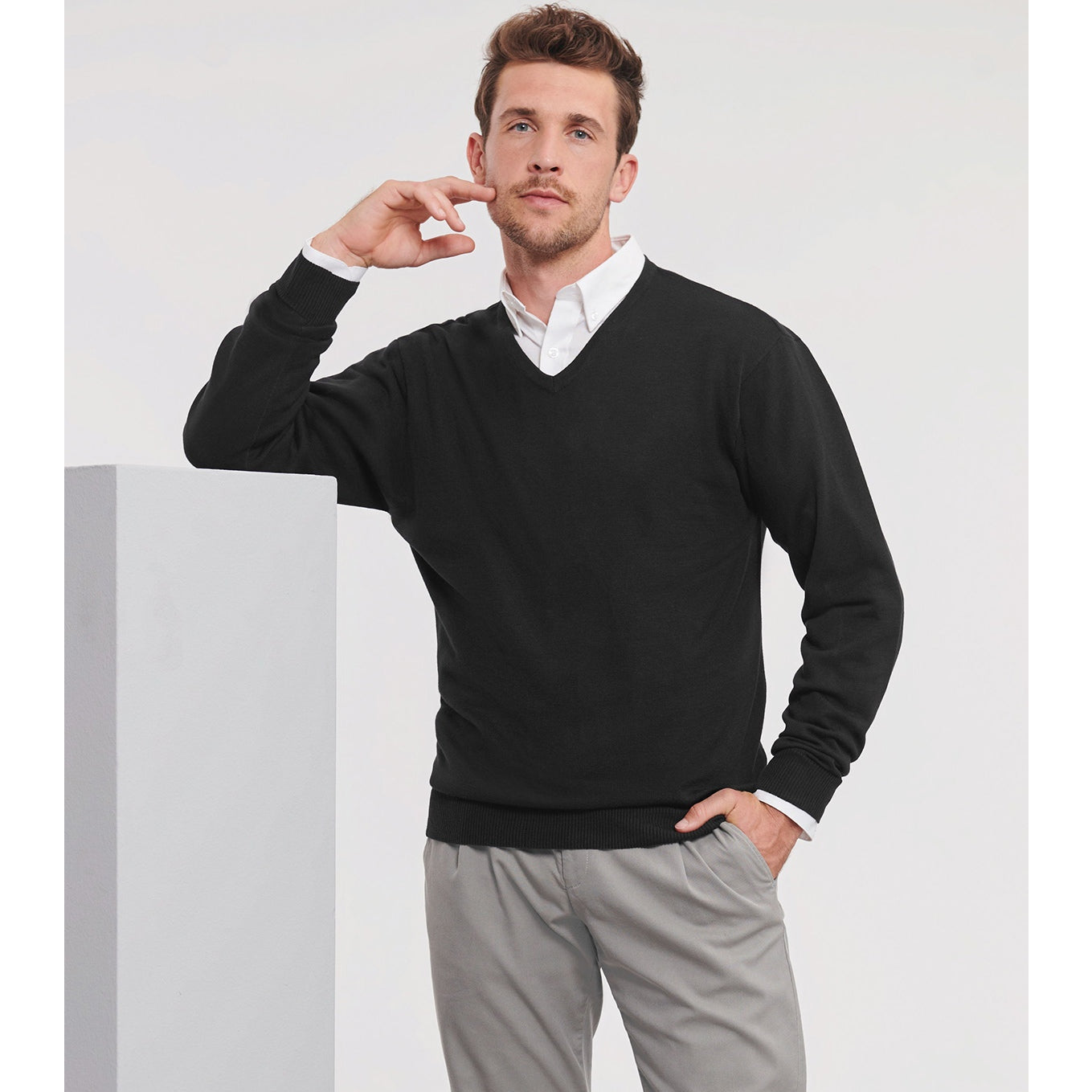 Russell Collection V-Neck Knitted Sweater Easy-Care Cotton Blend Various Sizes