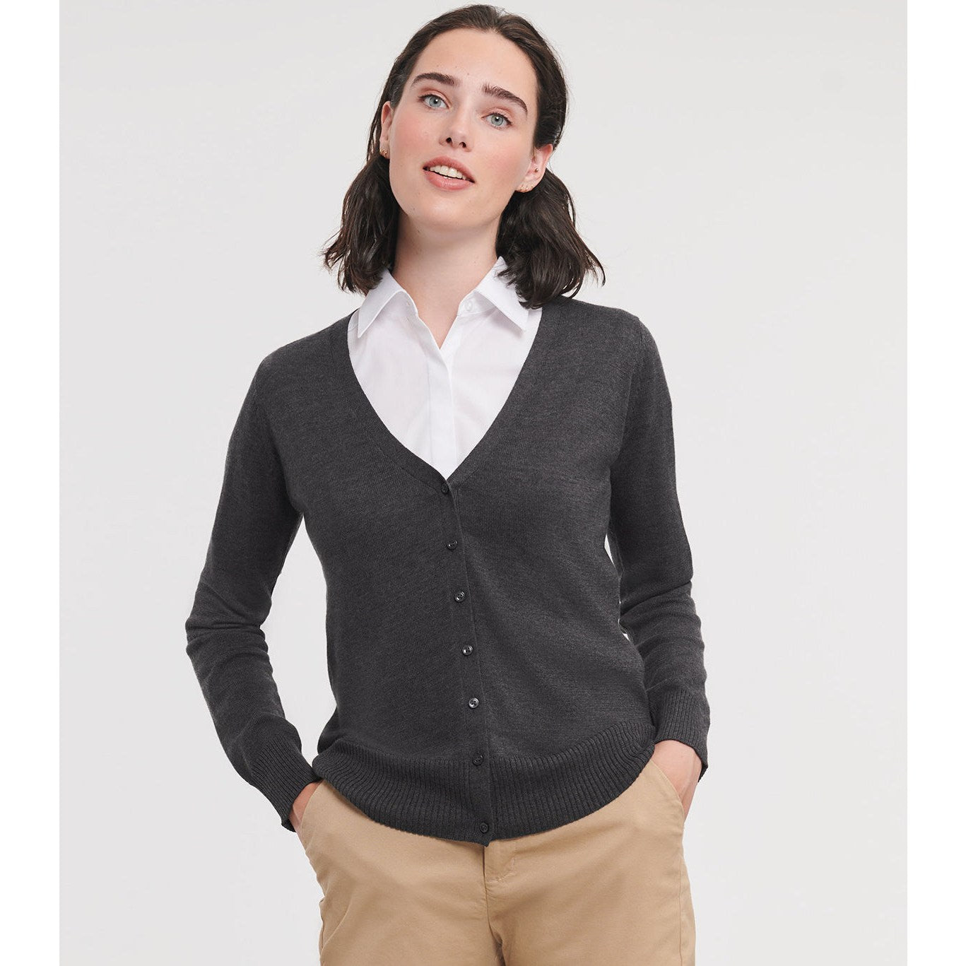 Russell Collection Women's V-Neck Knitted Cardigan Easy-Care Cotton Blend