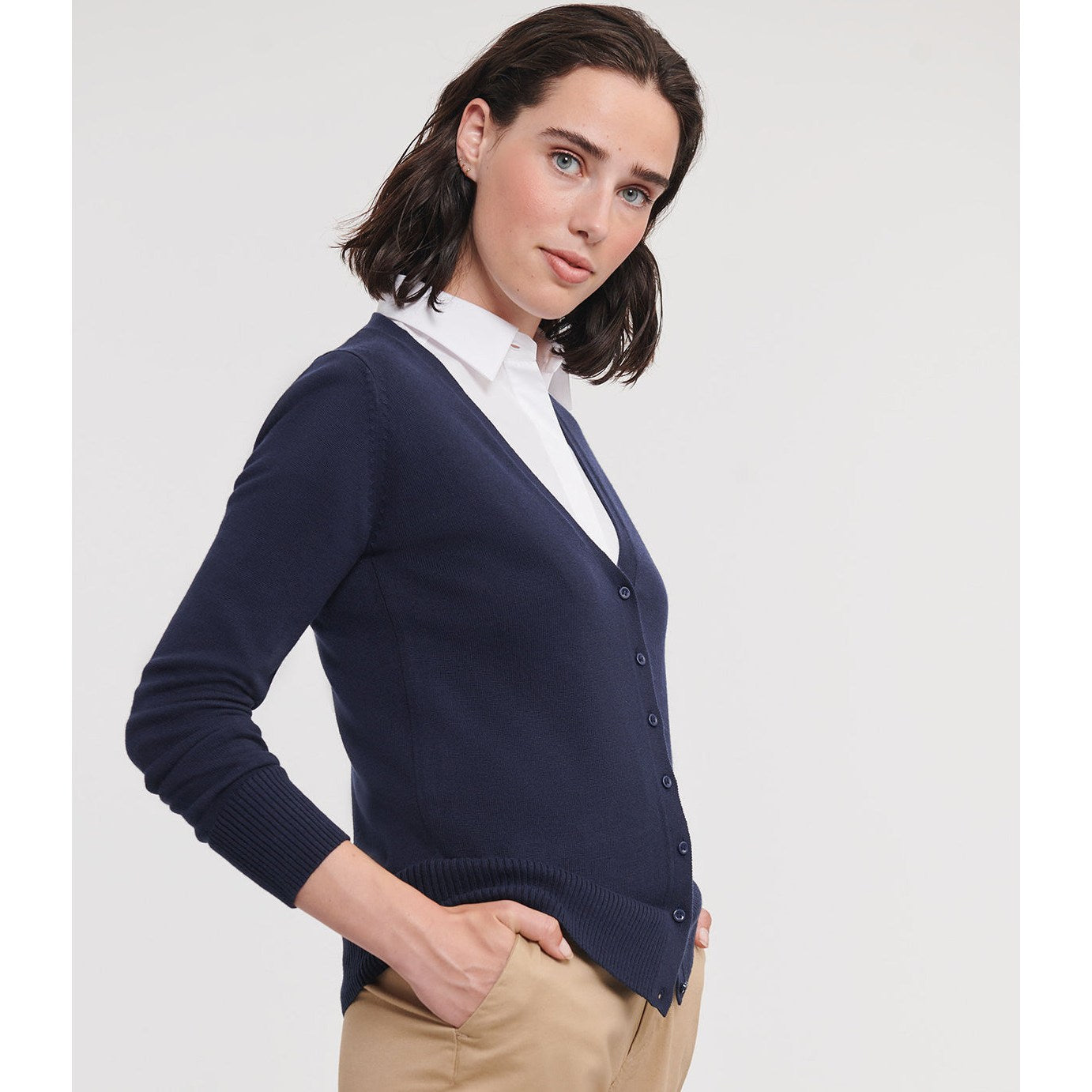 Russell Collection Women's V-Neck Knitted Cardigan Easy-Care Cotton Blend