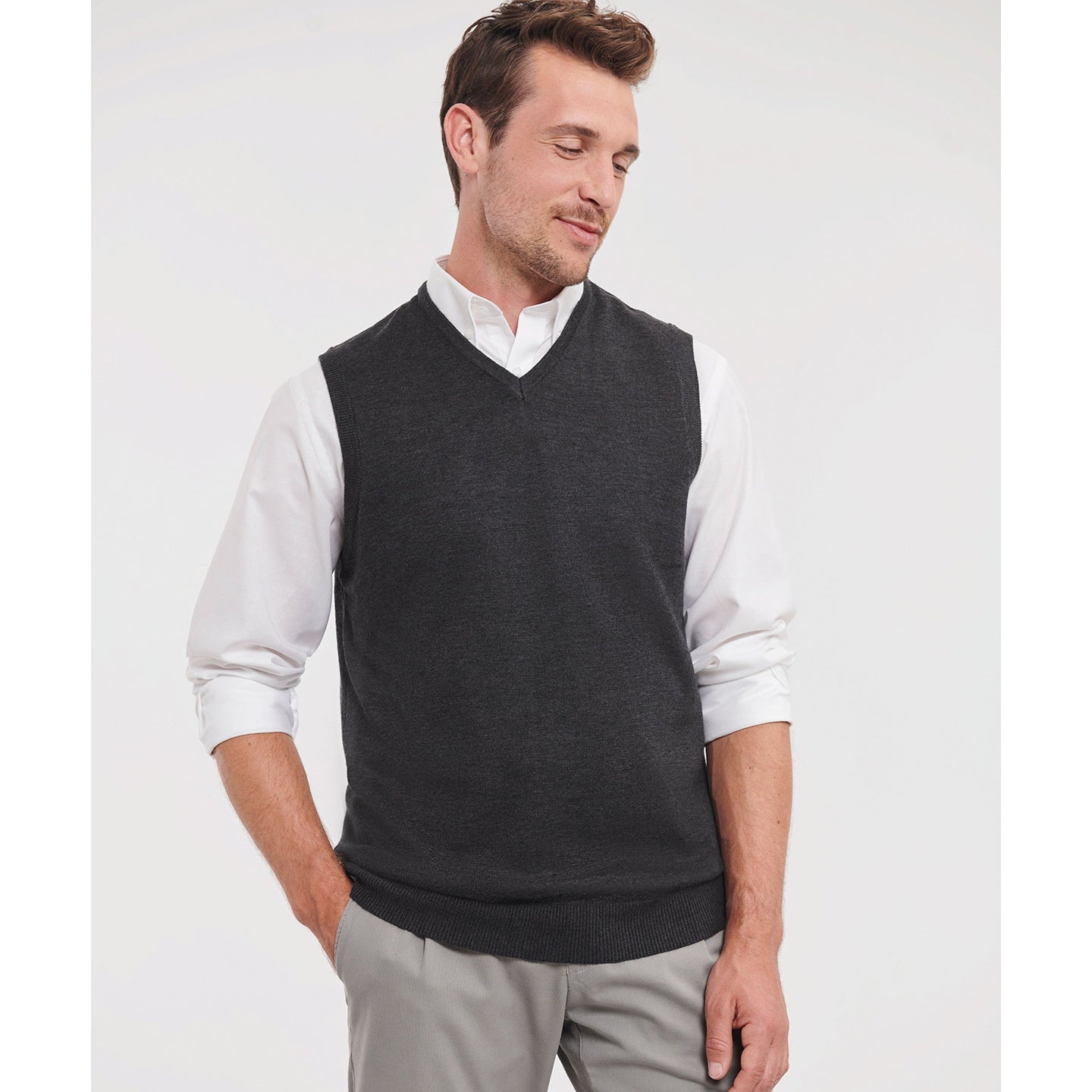 Russell Collection V-Neck Sleeveless Knitted Sweater Easy-Care Cotton Blend