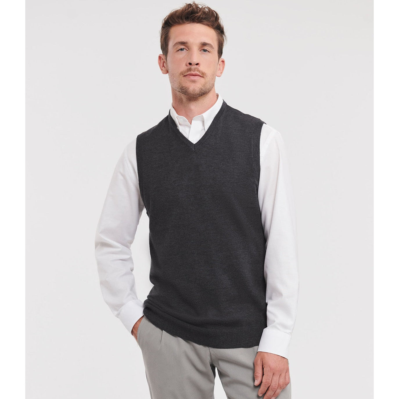 Russell Collection V-Neck Sleeveless Knitted Sweater Easy-Care Cotton Blend