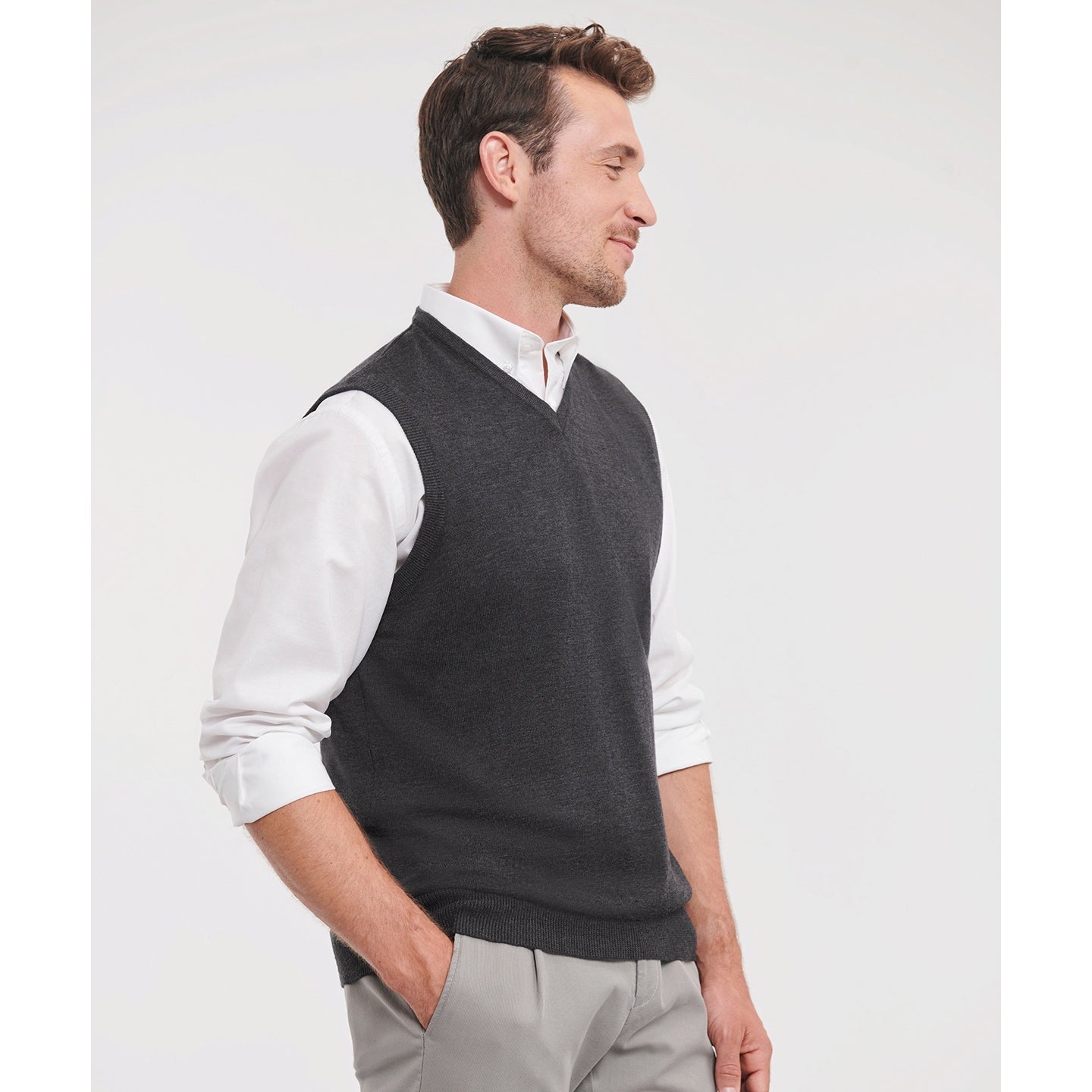 Russell Collection V-Neck Sleeveless Knitted Sweater Easy-Care Cotton Blend