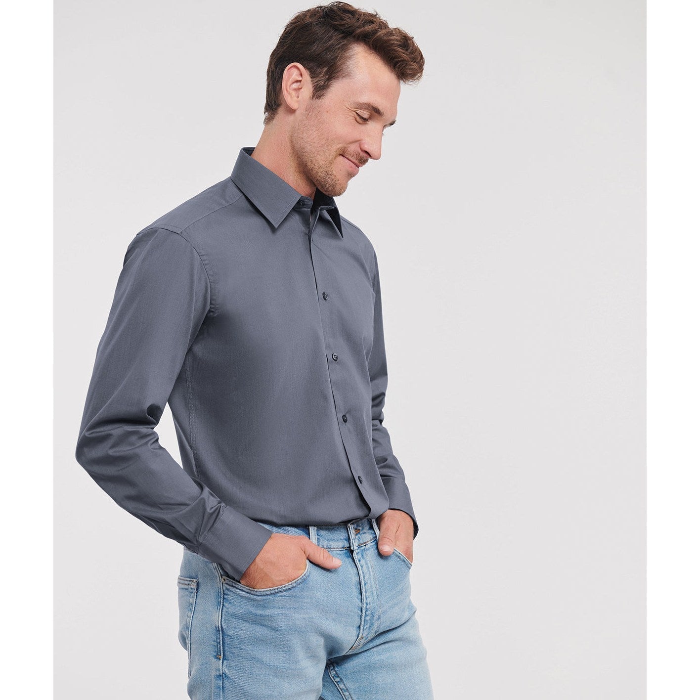 Russell Collection Long Sleeve Polycotton Fitted Poplin Shirt for Men & Women