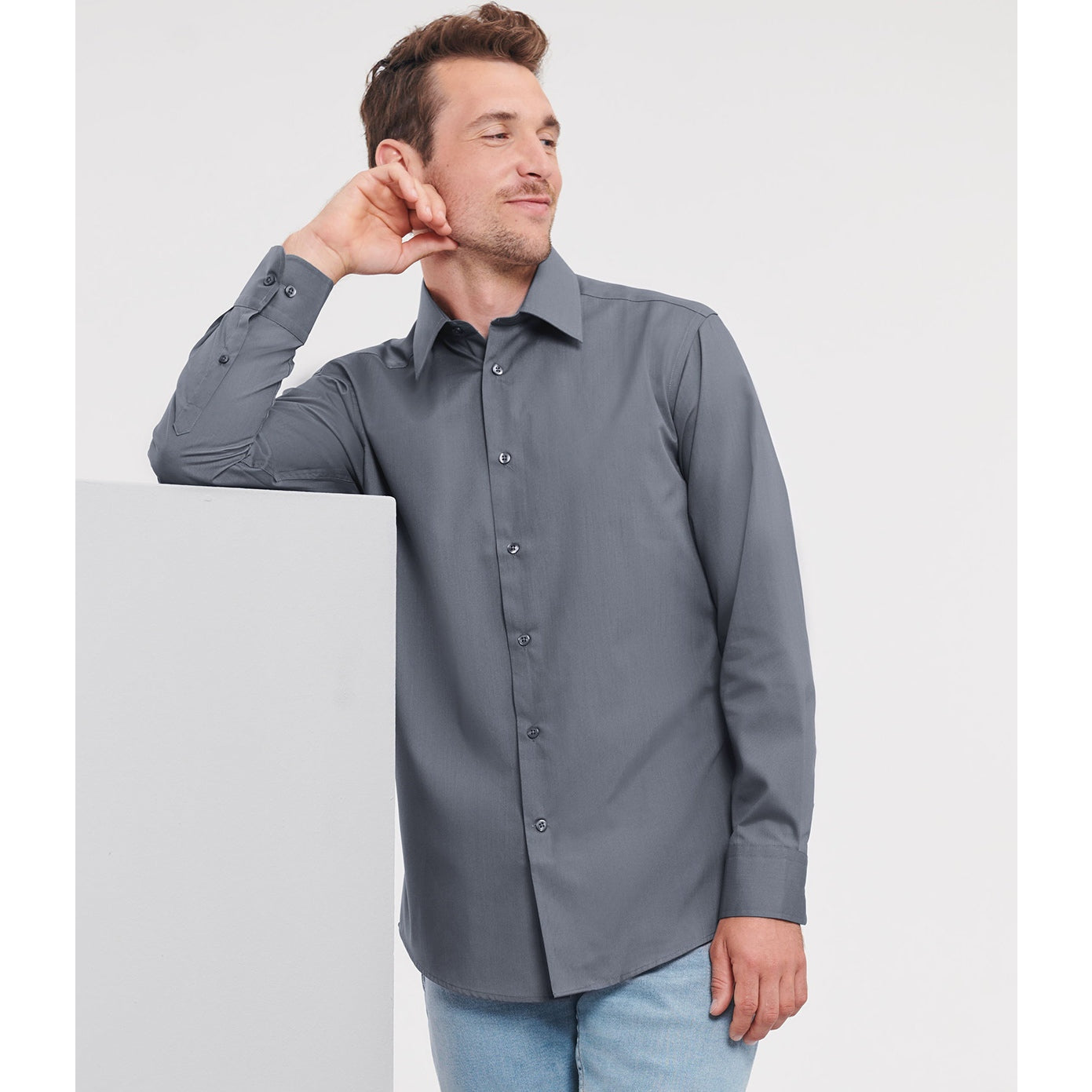 Russell Collection Long Sleeve Polycotton Fitted Poplin Shirt for Men & Women