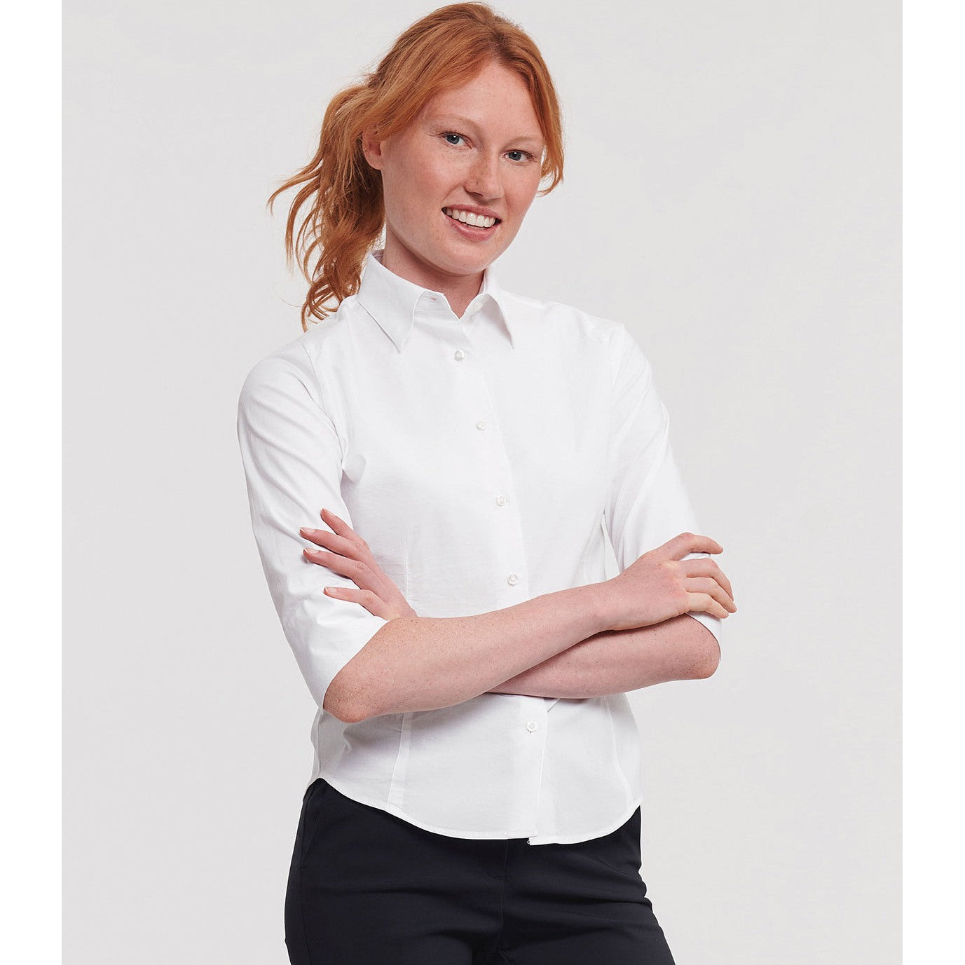 Russell Collection Women's Â¾ Sleeve Fitted Shirt, Cotton Blend, Modern Fit